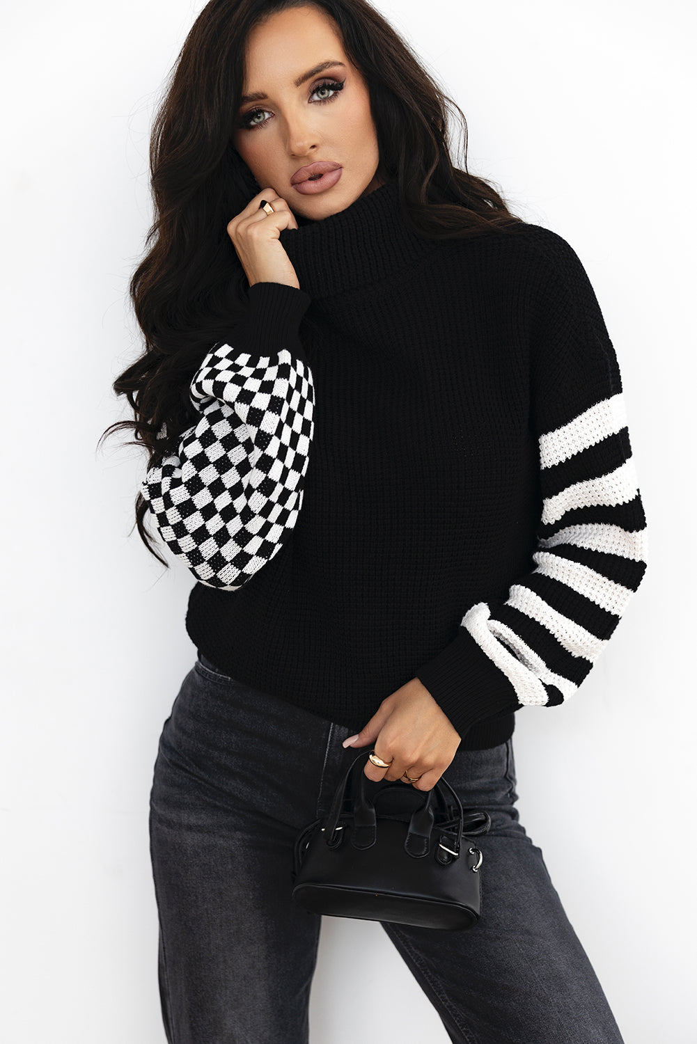 Black Striped Plaid Patchwork Waffle Knit Turtleneck Sweater-Sweaters & Cardigans/Sweaters-[Adult]-[Female]-2022 Online Blue Zone Planet