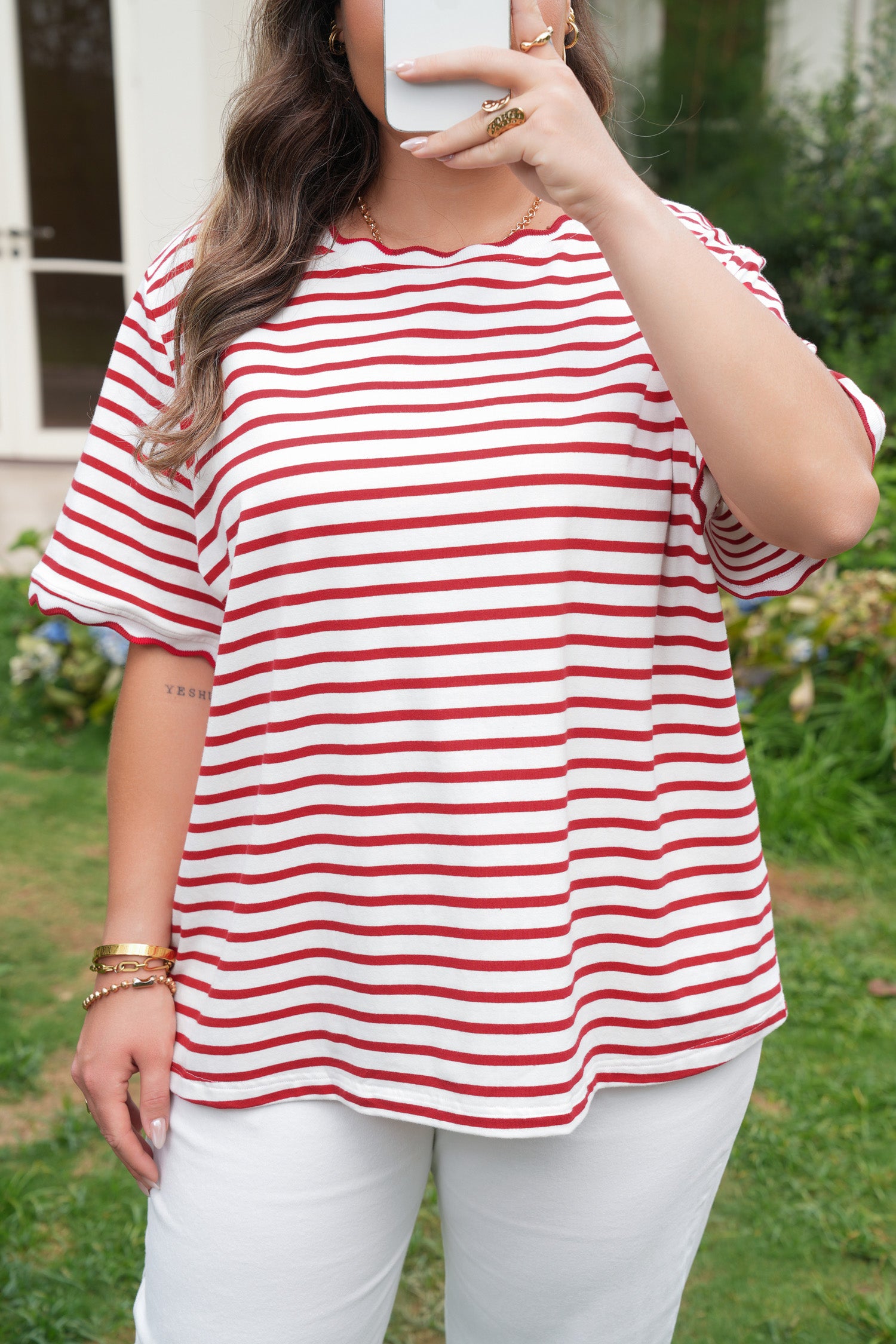 Red Stripe Plus Size Scalloped Trim Round Neck Short Sleeve Top-Plus Size/Plus Size Tops/Plus Size Tops & Tees-[Adult]-[Female]-2022 Online Blue Zone Planet