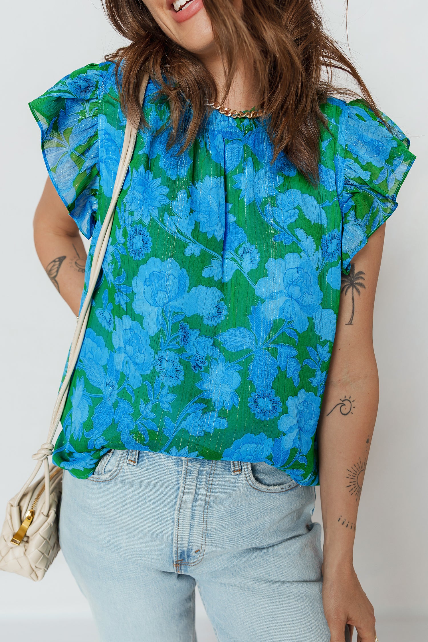 Green Floral Print Ruffled Sleeve Summer Blouse-Tops/Blouses & Shirts-[Adult]-[Female]-2022 Online Blue Zone Planet