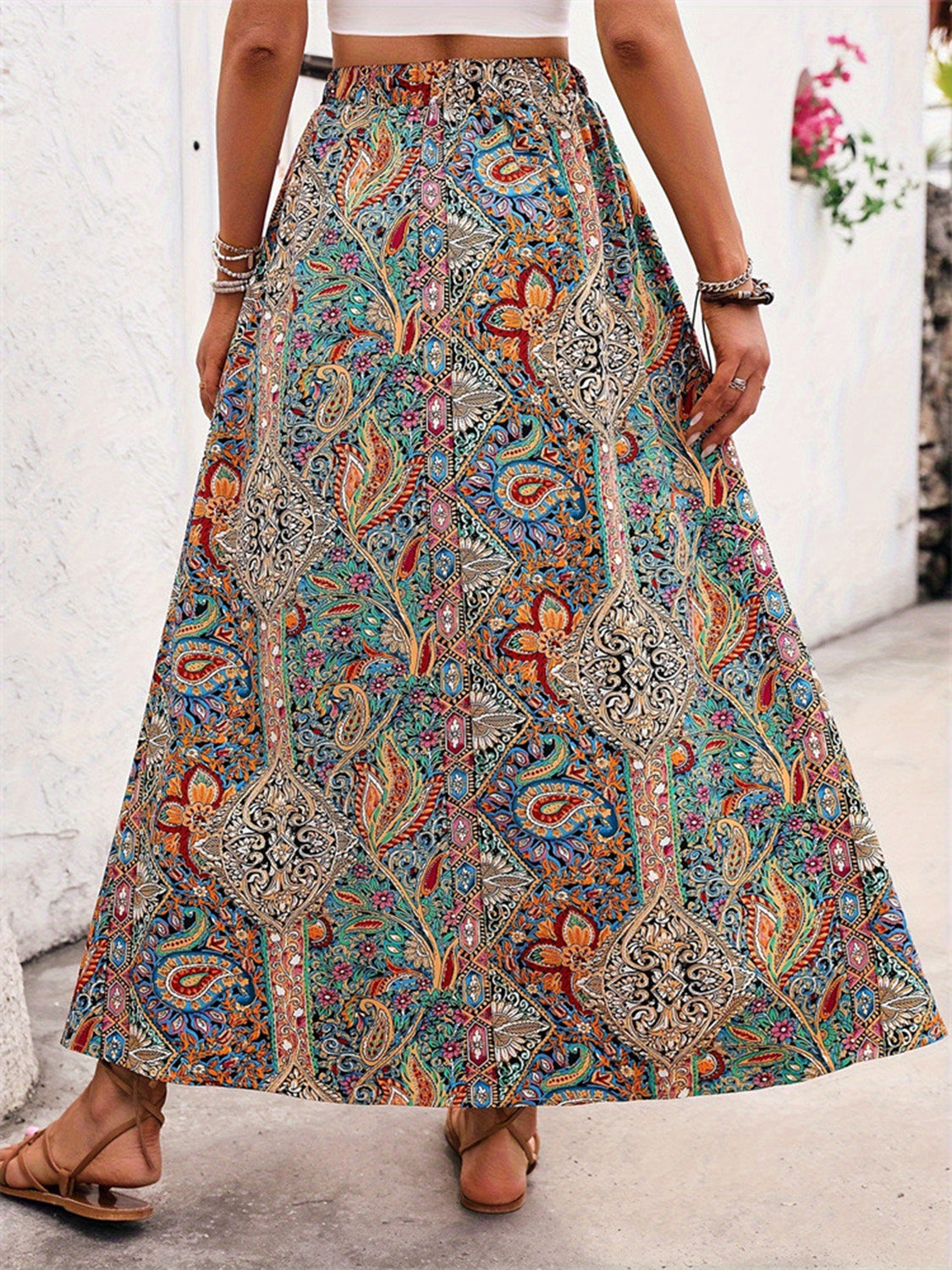 Slit Printed Elastic Waist Skirt-[Adult]-[Female]-2022 Online Blue Zone Planet