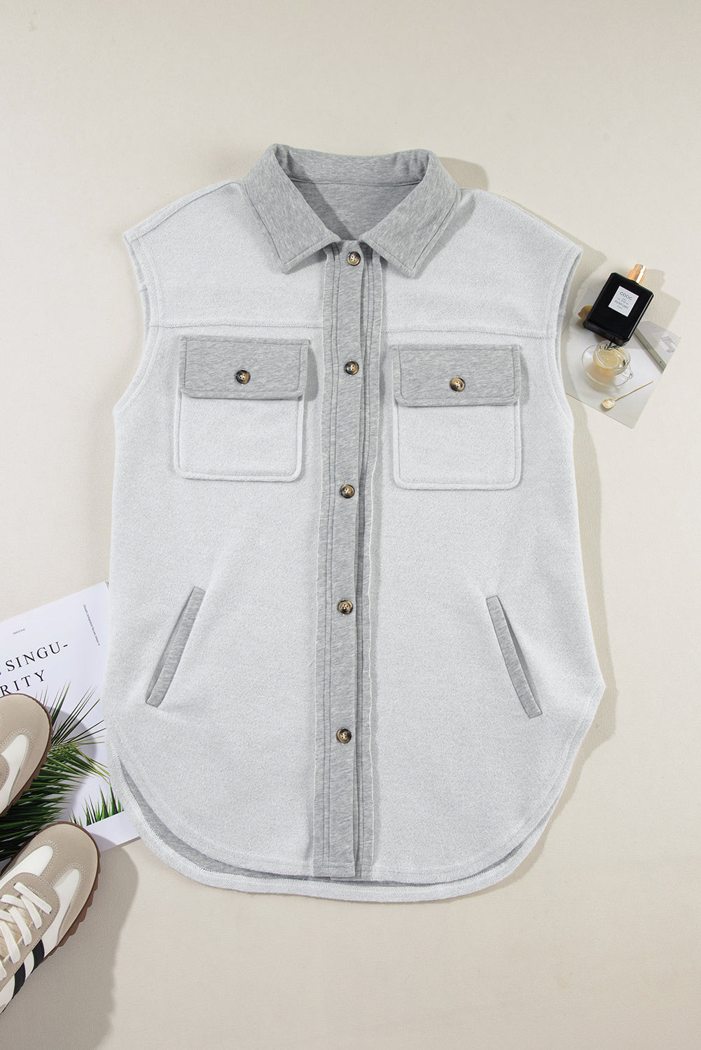 Pocketed Curved Hem Button Up Vest-TOPS / DRESSES-[Adult]-[Female]-2022 Online Blue Zone Planet