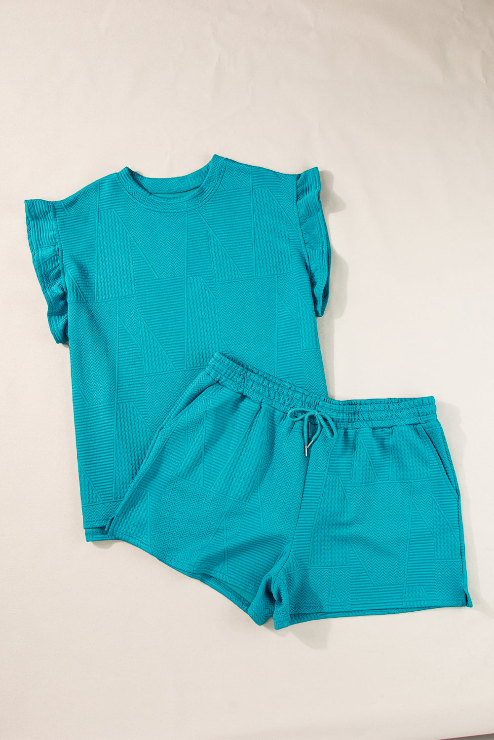 Skobeloff Textured Ruffle Split Top and Drawstring Shorts-Two Piece Sets/Short Sets-[Adult]-[Female]-2022 Online Blue Zone Planet