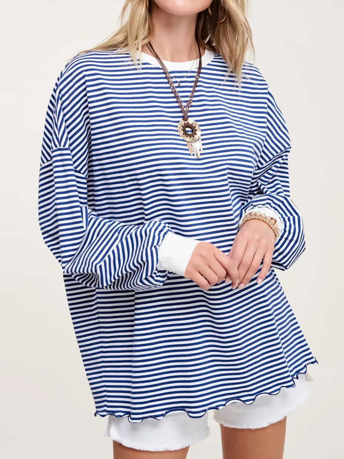 Contrast Striped Long Sleeve Sweatshirt-TOPS / DRESSES-[Adult]-[Female]-Royal Blue-S-2022 Online Blue Zone Planet