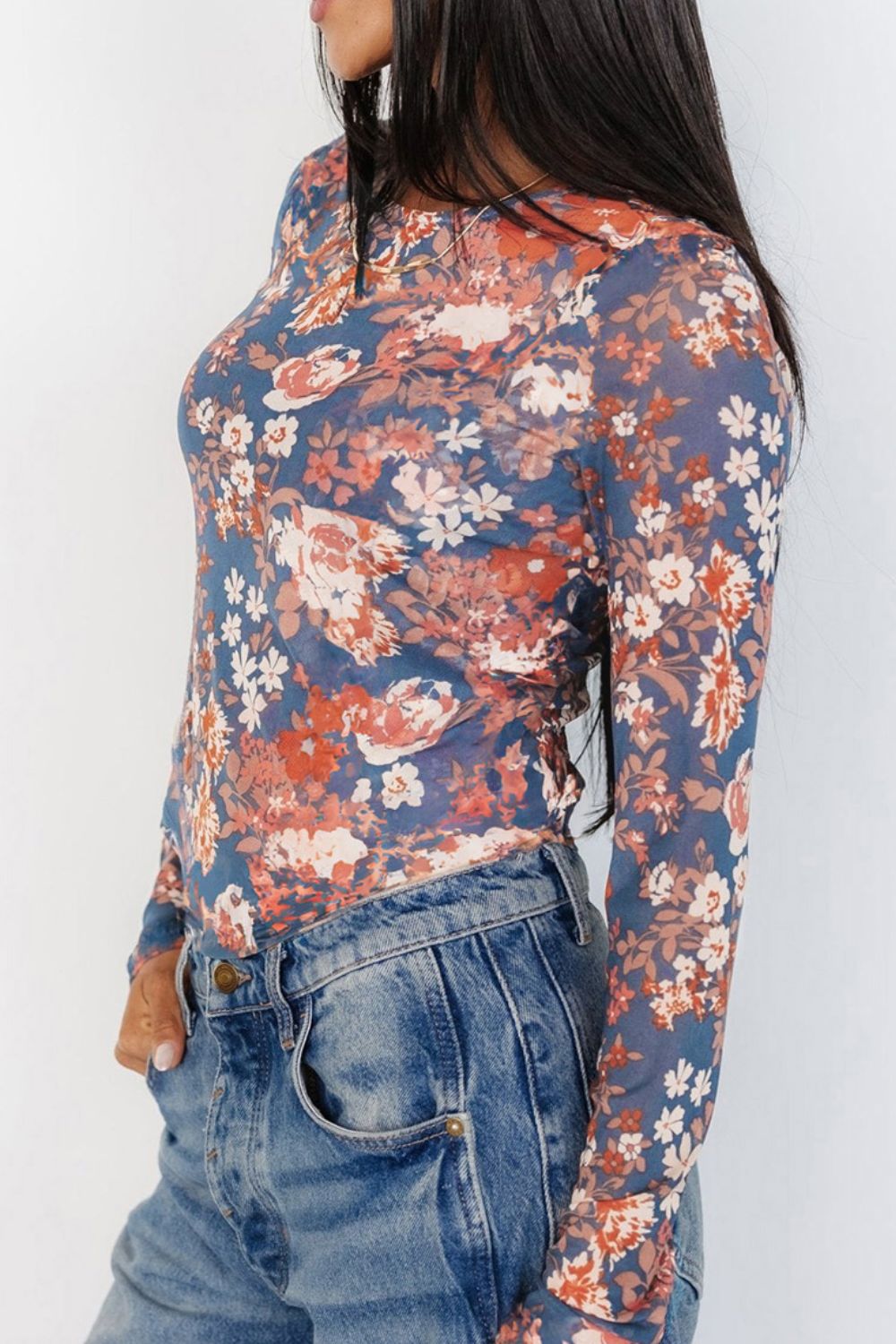 Blue Zone Planet | Floral Round Neck Long Sleeve T-Shirt-TOPS / DRESSES-[Adult]-[Female]-2022 Online Blue Zone Planet