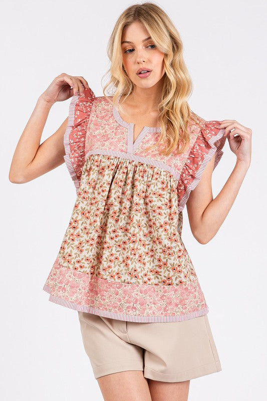 Mittoshop Floral Notched Ruffled Cap Sleeve Blouse-TOPS / DRESSES-[Adult]-[Female]-2022 Online Blue Zone Planet