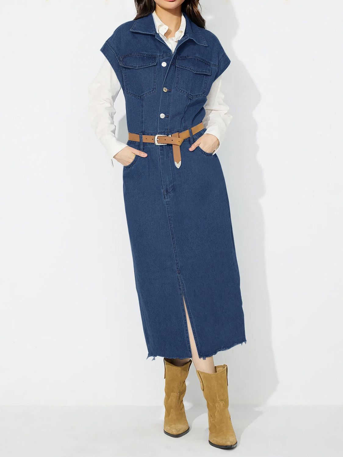 Slit Half Button Collared Neck Cap Sleeve Denim Dress-TOPS / DRESSES-[Adult]-[Female]-2022 Online Blue Zone Planet