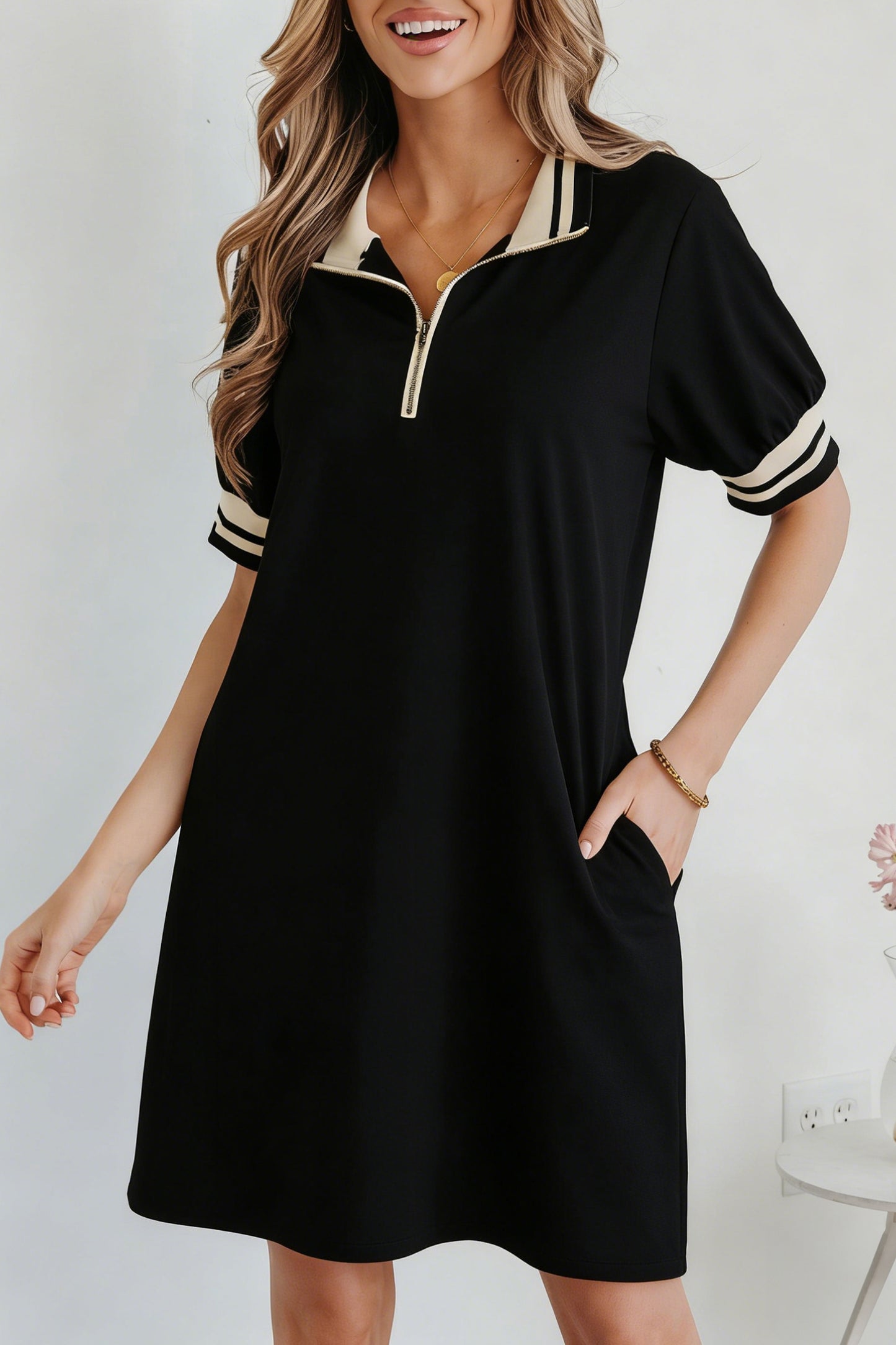 Black Striped Webbing Trim Preppy Polo Tee Dress-Dresses/T Shirt Dresses-[Adult]-[Female]-Black-S-2022 Online Blue Zone Planet