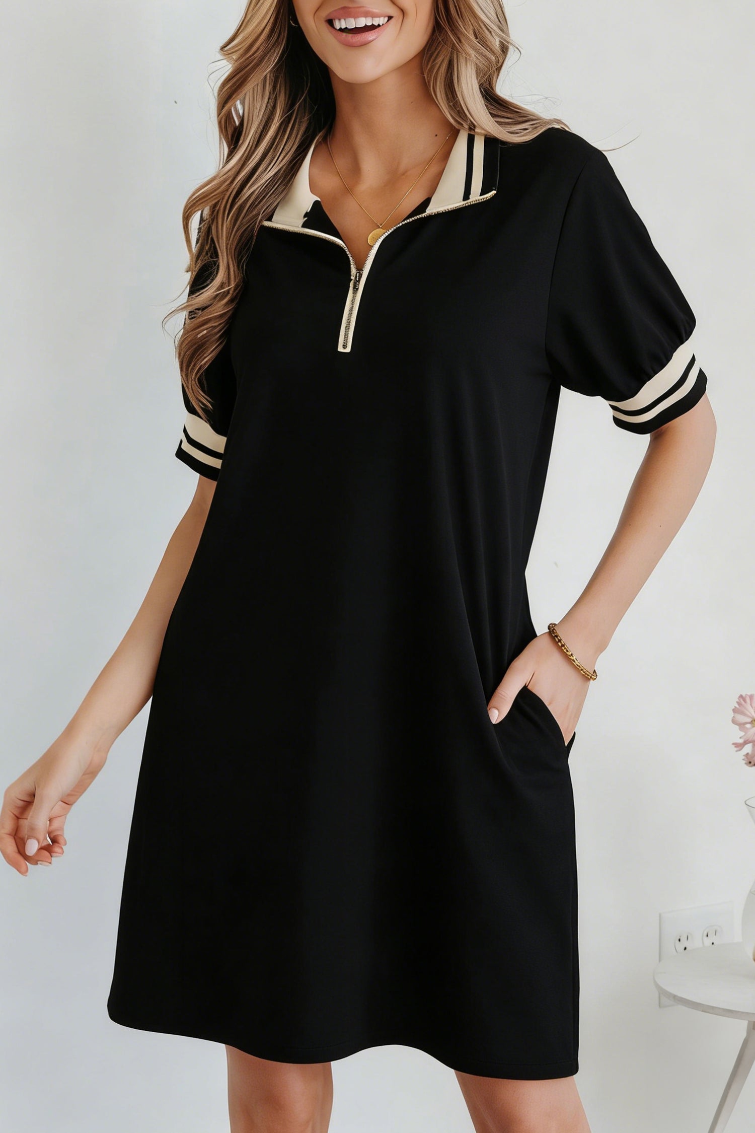 Black Striped Webbing Trim Preppy Polo Tee Dress-Dresses/T Shirt Dresses-[Adult]-[Female]-Black-S-2022 Online Blue Zone Planet