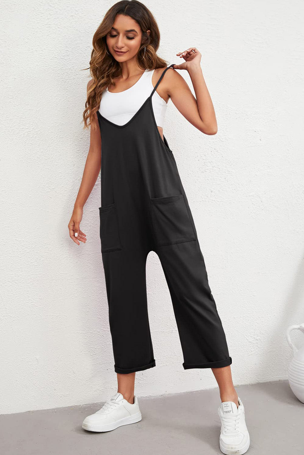 Rose Red Black Pocketed Adjustable Spaghetti Strap Straight Leg Jumpsuit Blue Zone Planet
