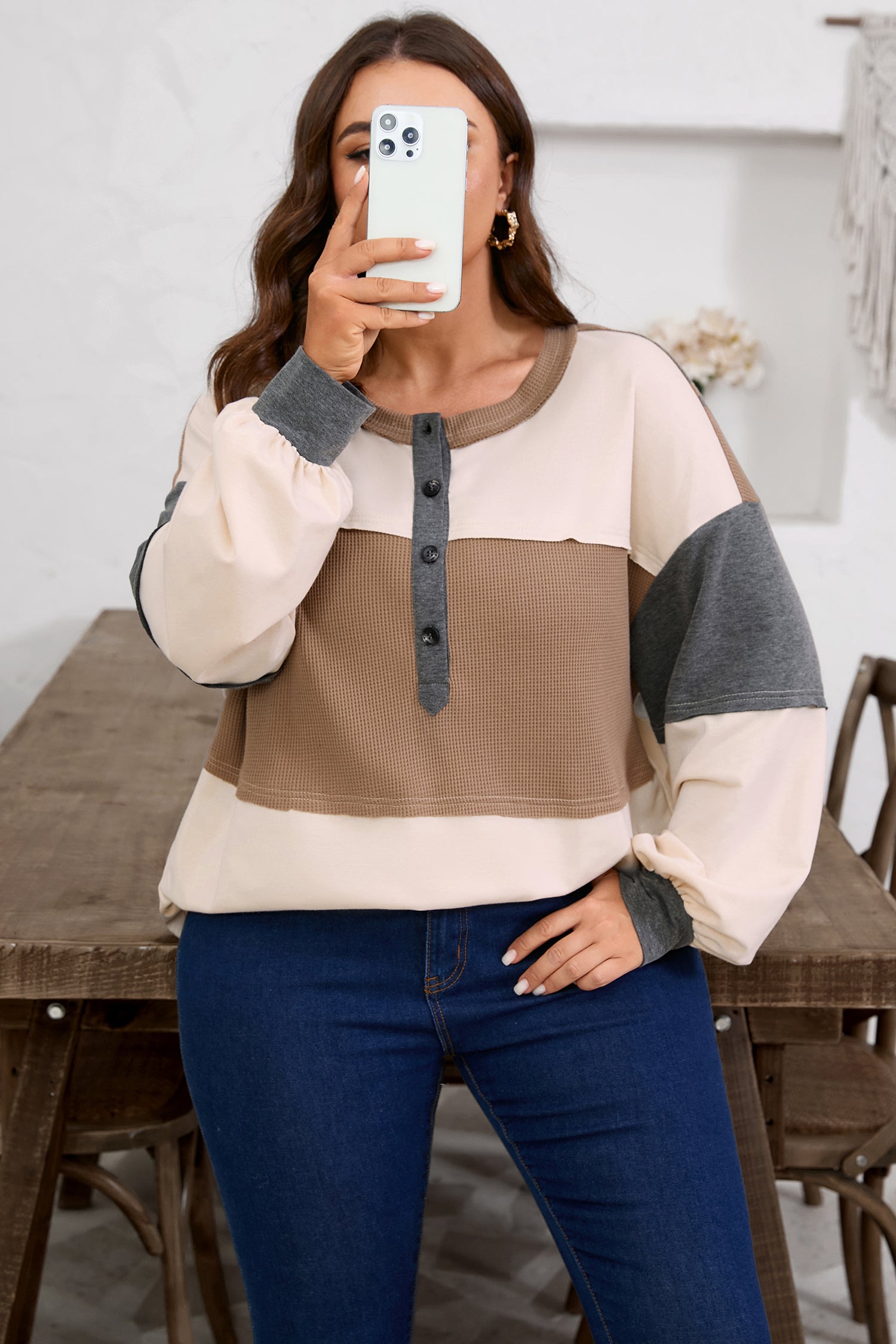 Jet Stream Waffle Patchwork Colorblock Half Buttons Casual Plus Size Knit Jumper-Plus Size/Plus Size Tops/Plus Size Long Sleeve Tops-[Adult]-[Female]-2022 Online Blue Zone Planet