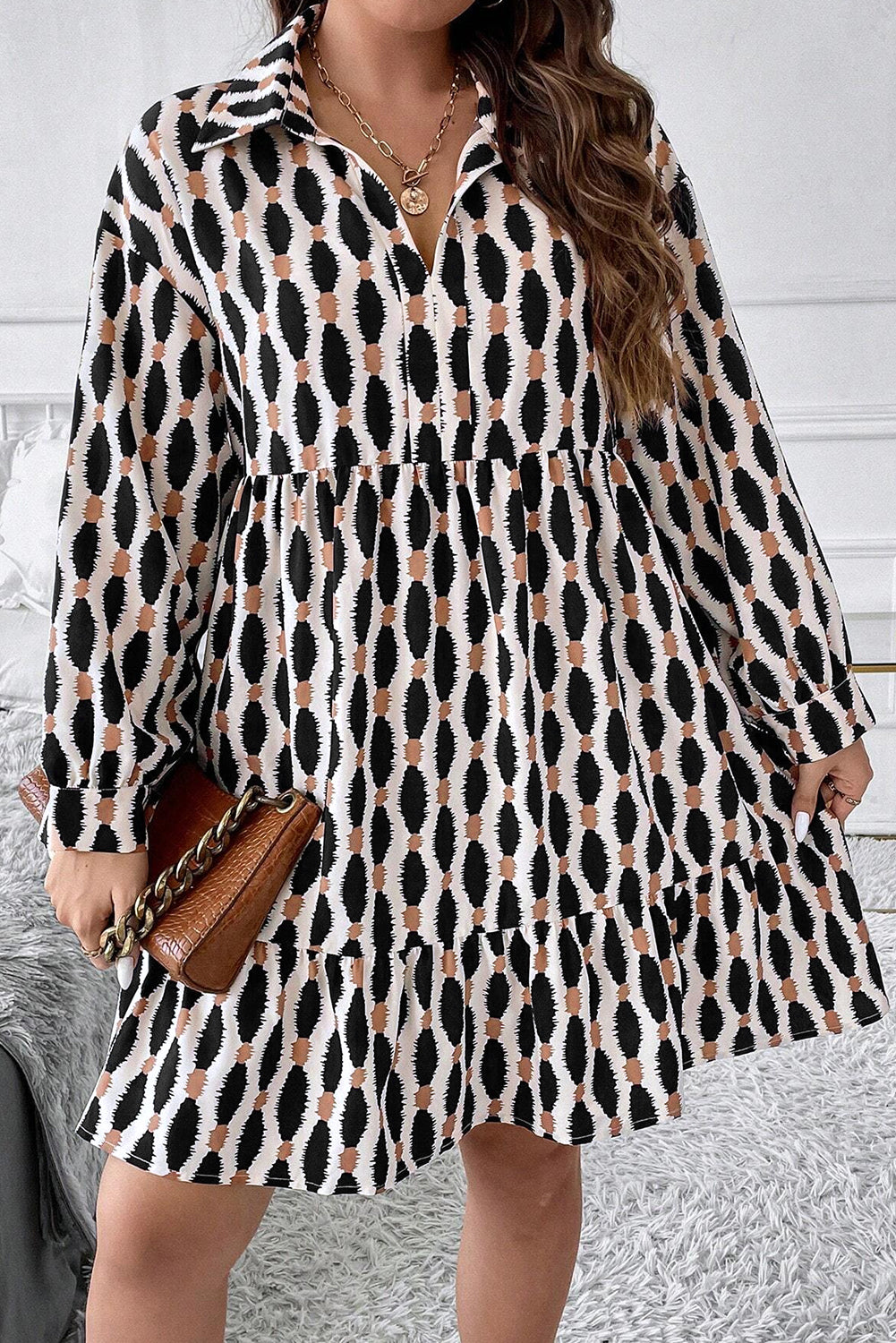 Apricot Geometric Print Collared V Neck Plus Size Mini Dress-Plus Size/Plus Size Dresses/Plus Size Mini Dresses-[Adult]-[Female]-2022 Online Blue Zone Planet