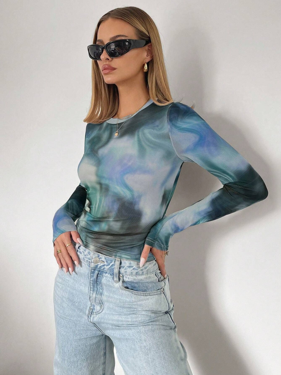 Tie-Dye Round Neck Long Sleeve T-Shirt-TOPS / DRESSES-[Adult]-[Female]-2022 Online Blue Zone Planet