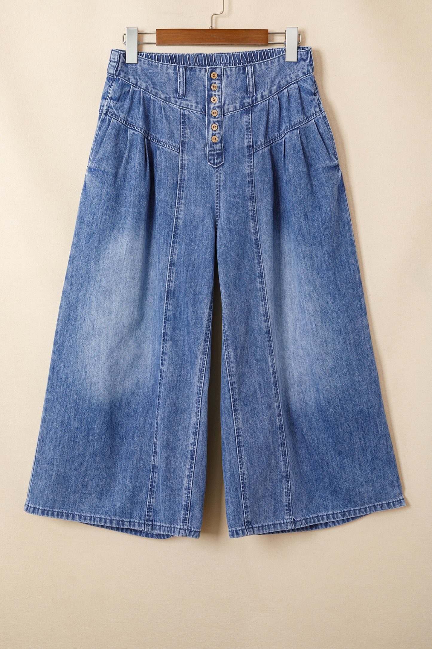 Dusk Blue High Rise Buttons Pleated Cropped Wide Leg Denim Pants-Bottoms/Jeans-[Adult]-[Female]-2022 Online Blue Zone Planet