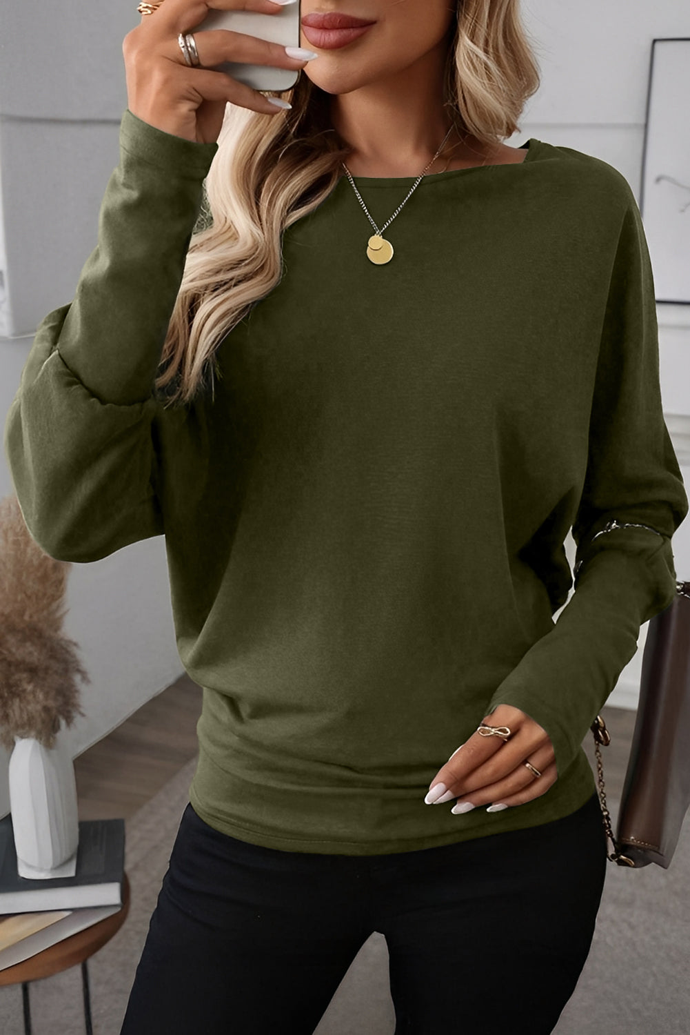Four Leaf Clover Solid Color Extended Cuffs Long Sleeve Top-Tops/Long Sleeve Tops-[Adult]-[Female]-2022 Online Blue Zone Planet