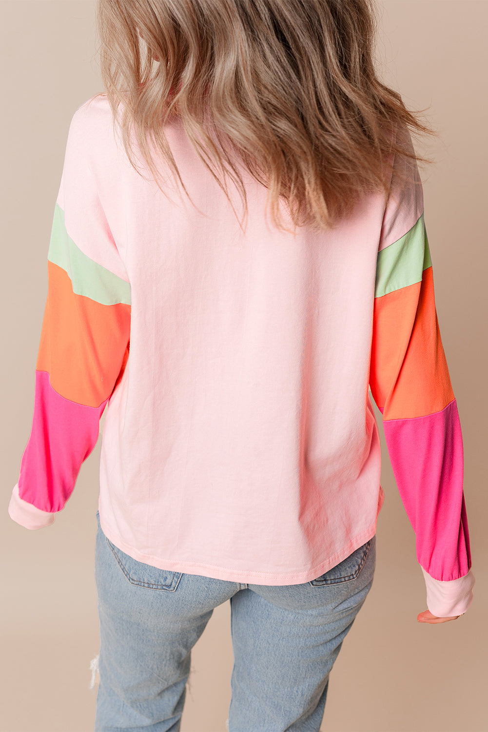 Green Colorblock Patchwork Long Sleeve Loose Top-Tops/Long Sleeve Tops-[Adult]-[Female]-2022 Online Blue Zone Planet