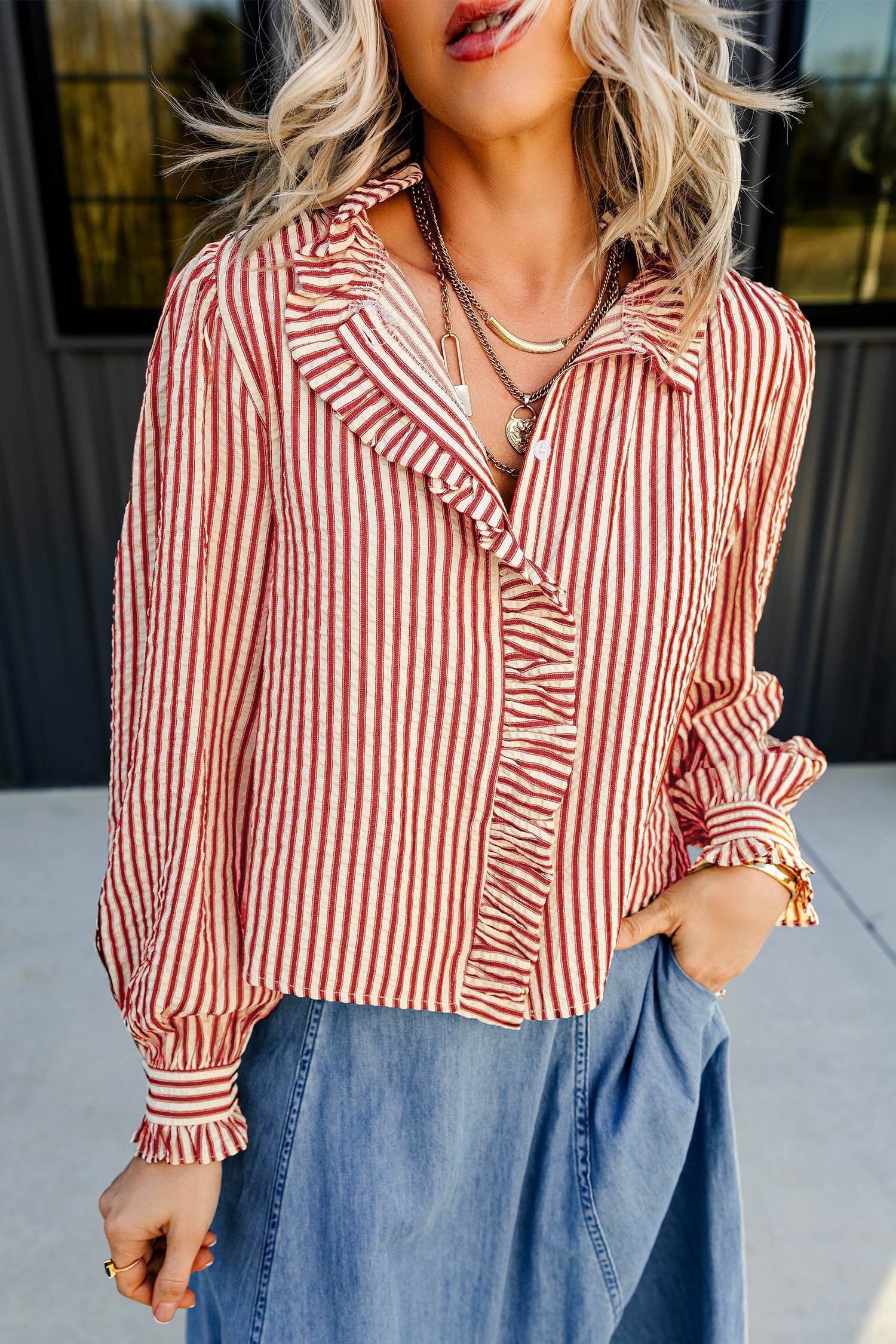 Red Stripe Textured Ruffle Trim Button-Up Long Sleeve Shirt-Tops/Blouses & Shirts-[Adult]-[Female]-2022 Online Blue Zone Planet
