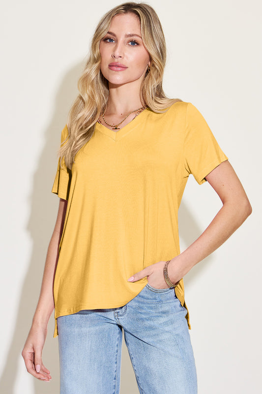 Basic Bae Bamboo Full Size V-Neck High-Low T-Shirt-TOPS / DRESSES-[Adult]-[Female]-Yellow-S-2022 Online Blue Zone Planet