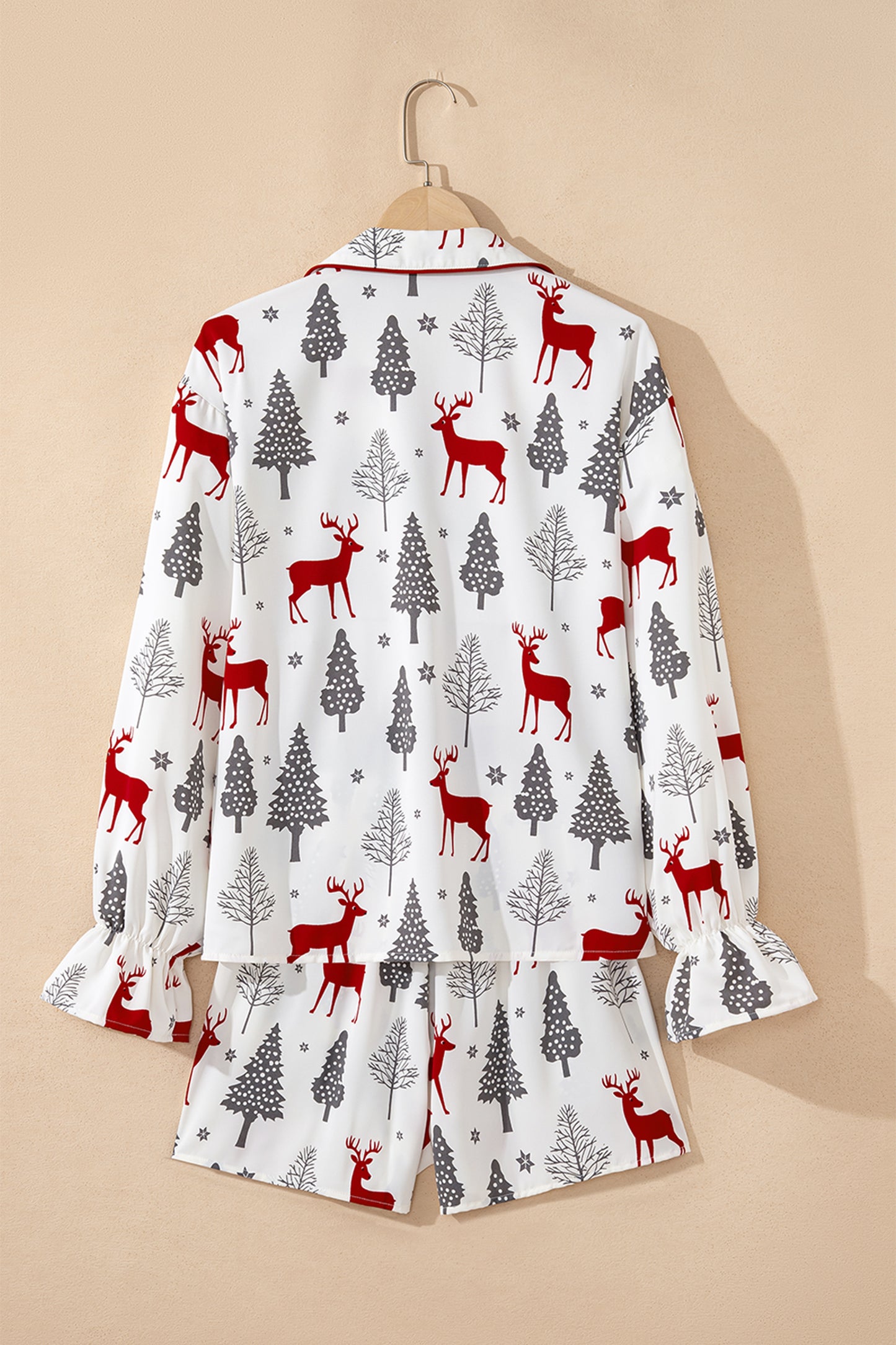 White Christmas Fashion Print Velvet Trim Bow Knot Pajama 2pcs Short Set-Loungewear & Sleepwear/Sleepwear-[Adult]-[Female]-2022 Online Blue Zone Planet