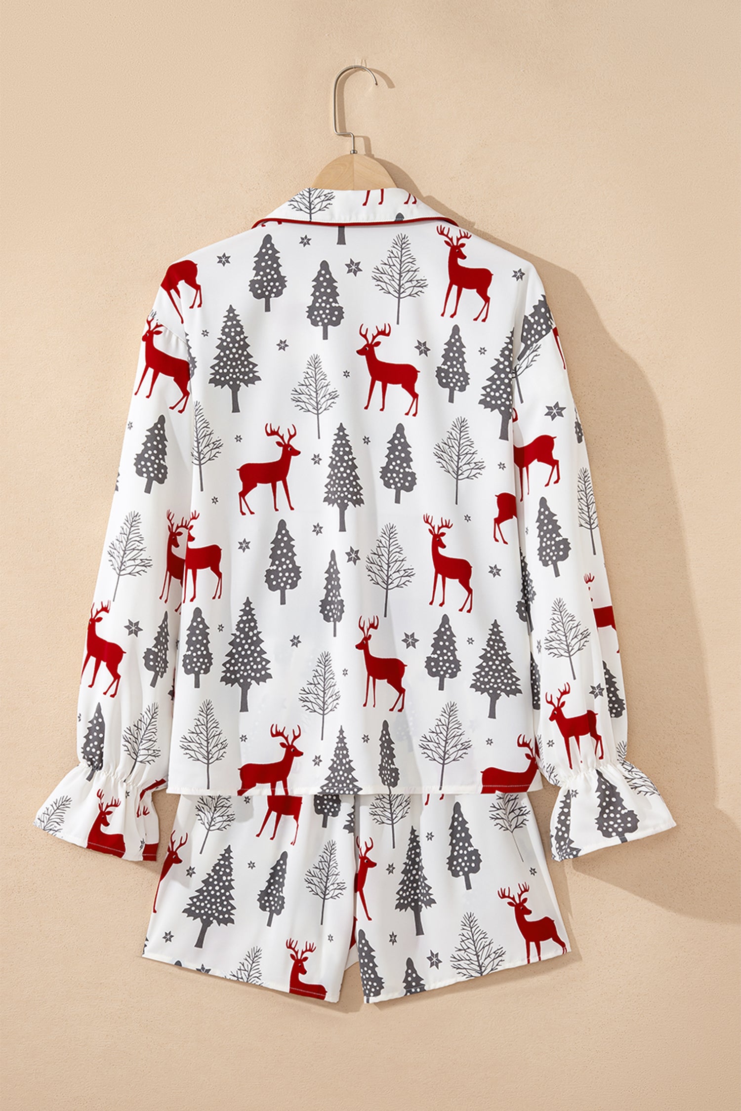 White Christmas Fashion Print Velvet Trim Bow Knot Pajama 2pcs Short Set-Loungewear & Sleepwear/Sleepwear-[Adult]-[Female]-2022 Online Blue Zone Planet