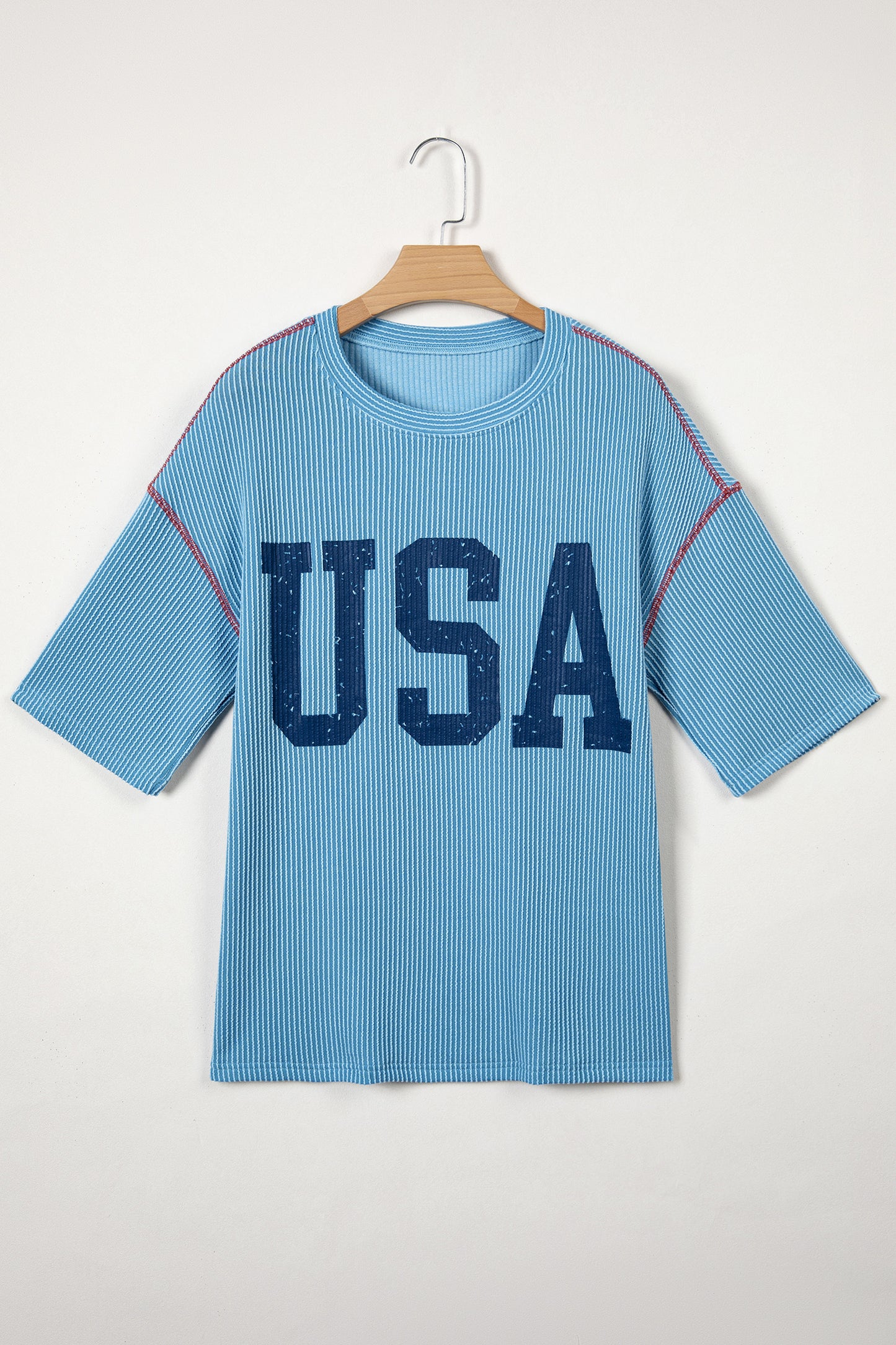 Beau Blue Usa Graphic Half Sleeve Loose Ribbed Top-Tops/Tops & Tees-[Adult]-[Female]-2022 Online Blue Zone Planet