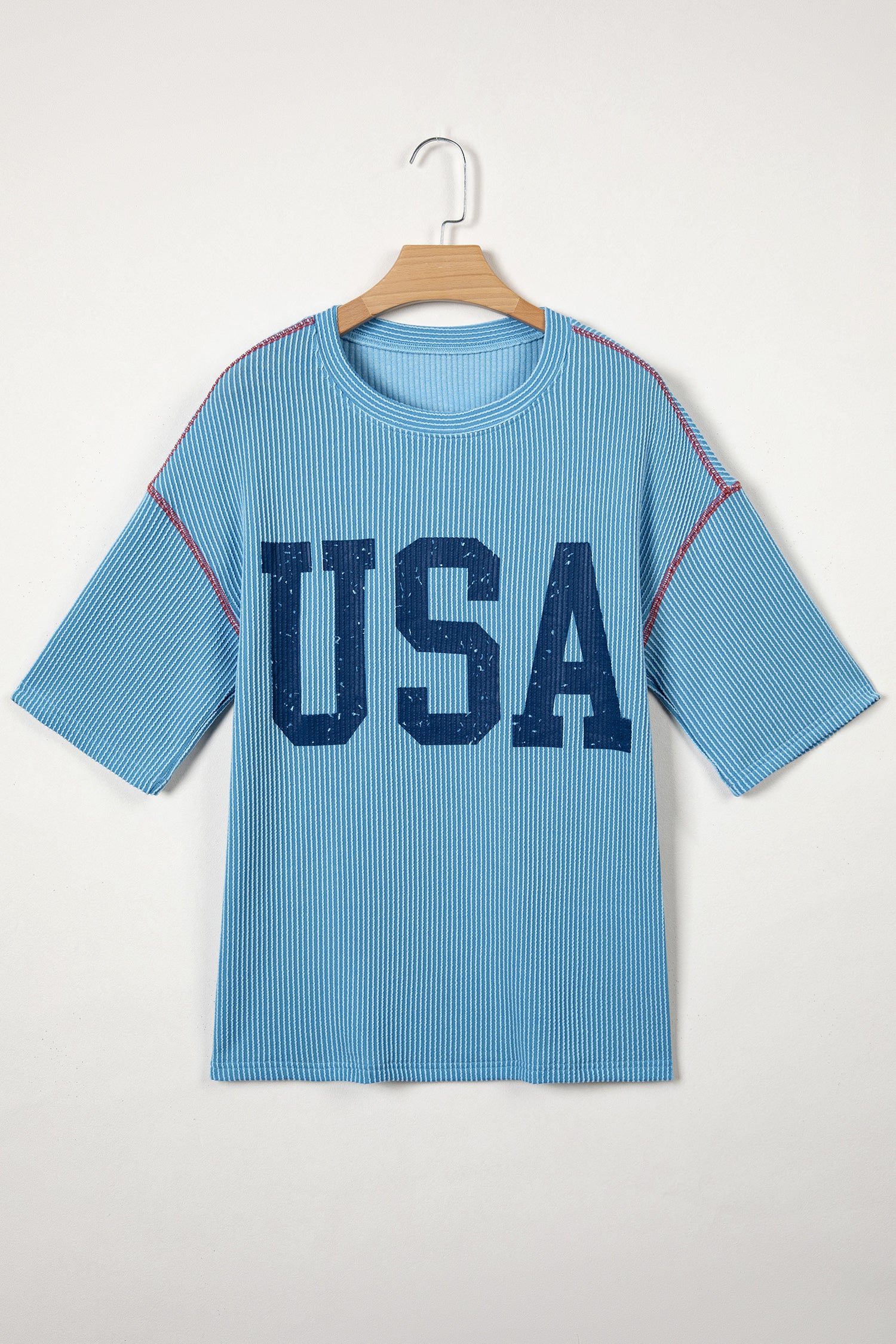 Beau Blue Usa Graphic Half Sleeve Loose Ribbed Top-Tops/Tops & Tees-[Adult]-[Female]-2022 Online Blue Zone Planet