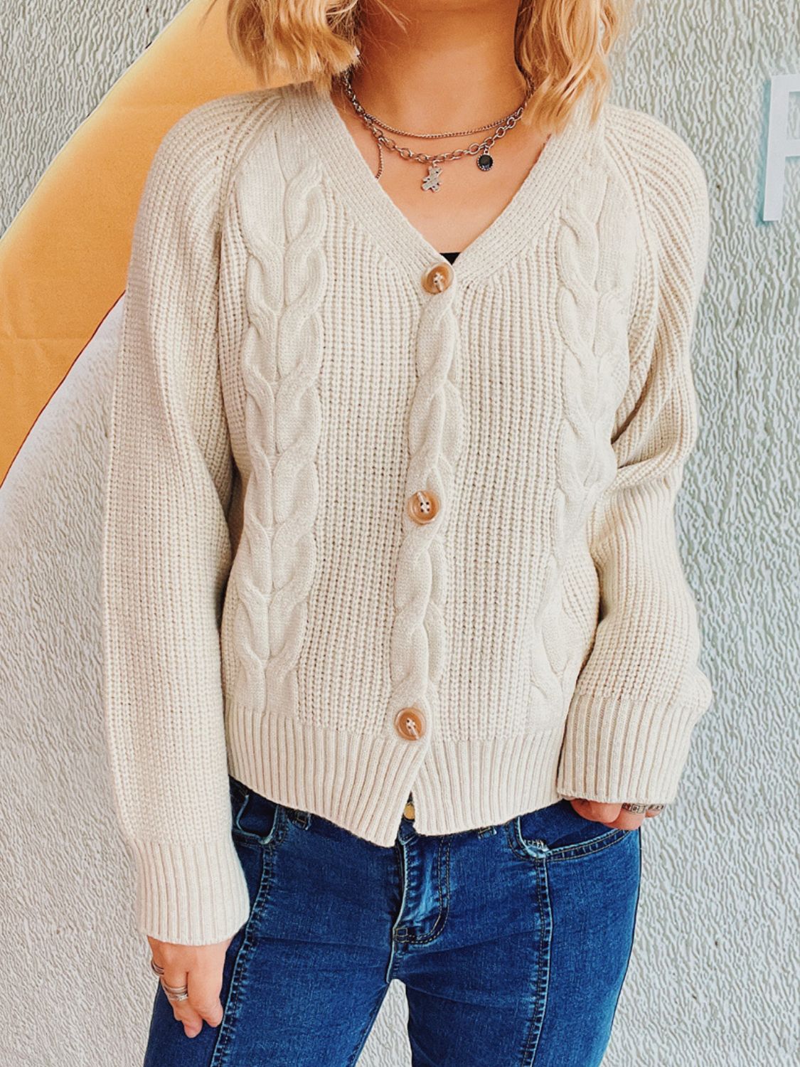 Cable-Knit V-Neck Button Down Long Sleeve Cardigan-TOPS / DRESSES-[Adult]-[Female]-Beige-One Size-2022 Online Blue Zone Planet