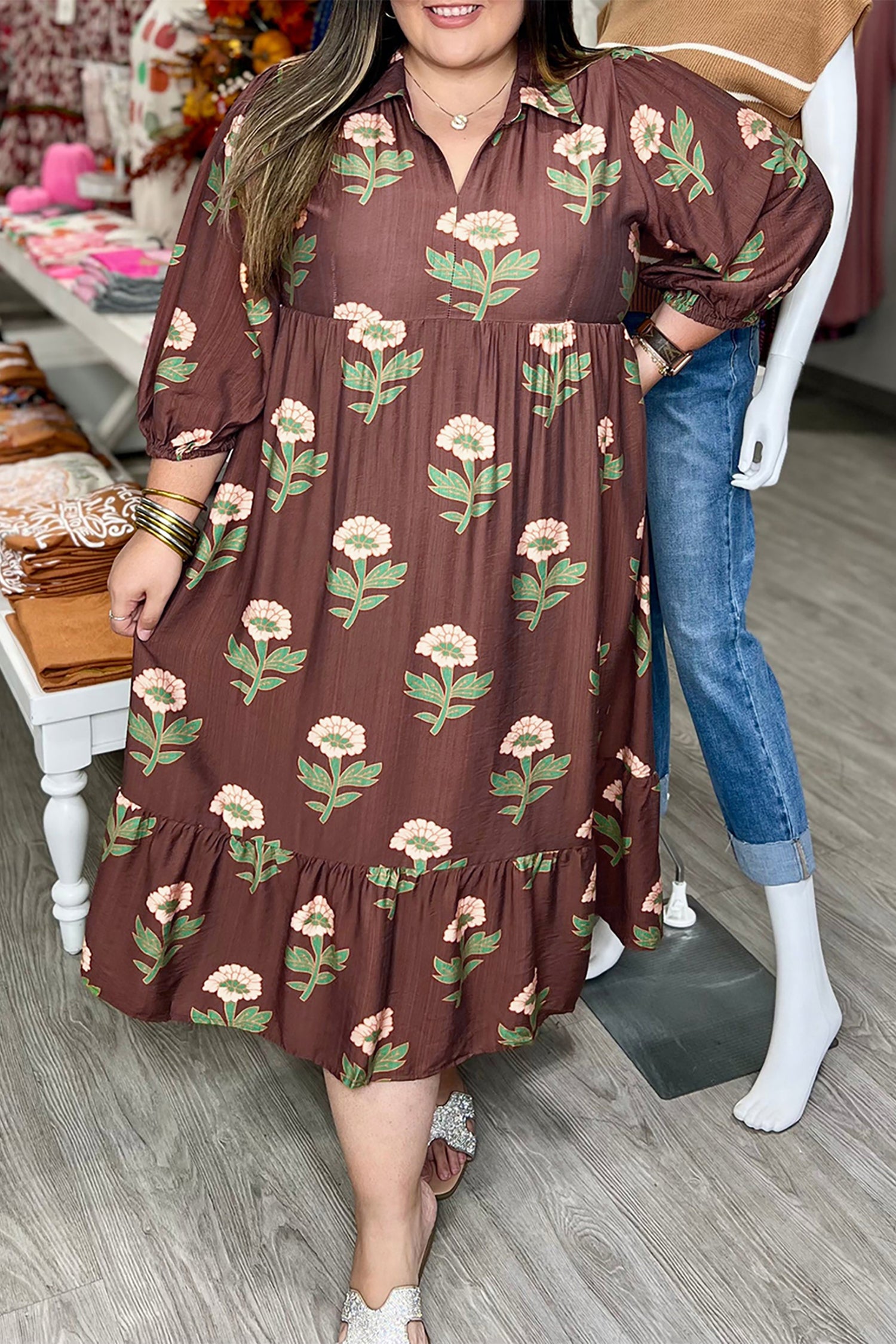 Brown Floral Print V-Neck Long Sleeve Loose Shift Plus Size Dress-Plus Size/Plus Size Dresses/Plus Size Maxi Dresses-[Adult]-[Female]-2022 Online Blue Zone Planet