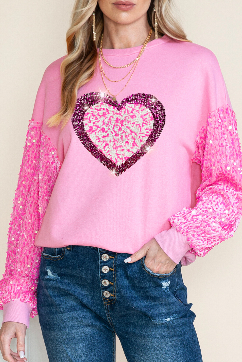 Pink Leopard Heart Graphic Sequin Patchwork Long Sleeve Valentines Top-Graphic Apparel-[Adult]-[Female]-2022 Online Blue Zone Planet