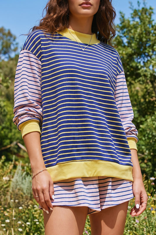 Blue Stripe Contrast Long Sleeve Crew Neck Pullover Top-Tops/Long Sleeve Tops-[Adult]-[Female]-Blue Stripe-S-2022 Online Blue Zone Planet
