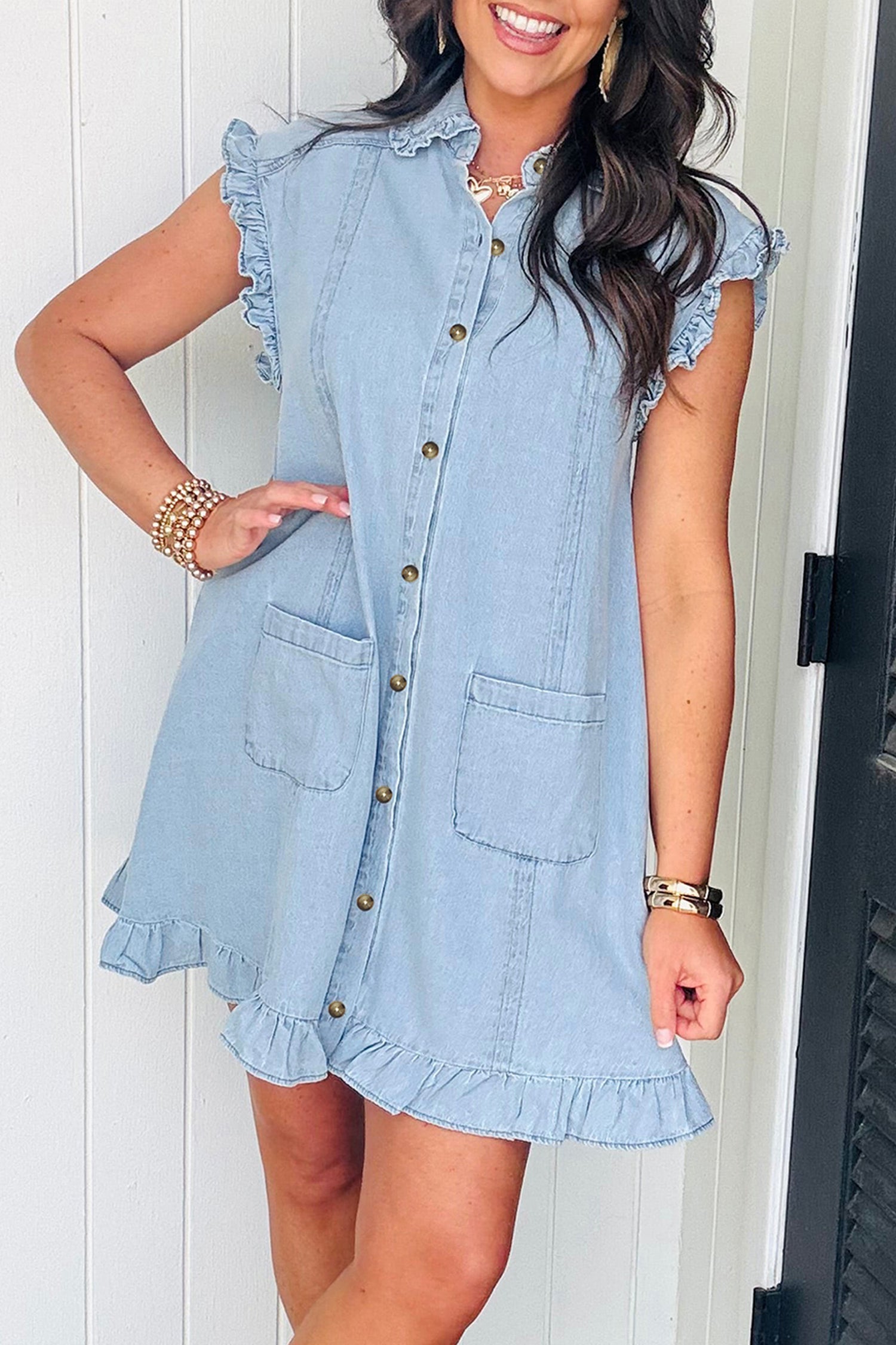 Beau Blue Ruffled Edge Collared Shift Denim Dress with Pockets-TOPS / DRESSES-[Adult]-[Female]-Beau Blue-S-2022 Online Blue Zone Planet