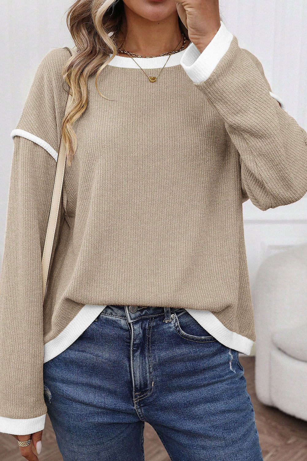 Four Leaf Clover Contrast Color Trim Knit Drop Shoulder Loose Top-Tops/Long Sleeve Tops-[Adult]-[Female]-2022 Online Blue Zone Planet