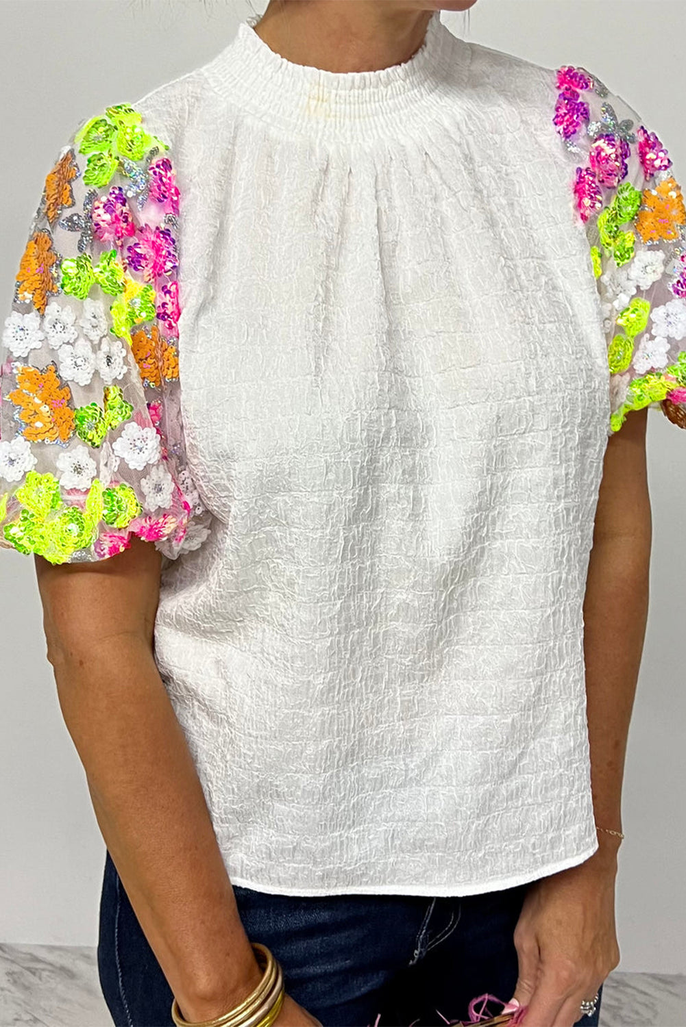 White Smocked Collar Sequin Flower Puff Sleeve Textured Top-Tops/Tops & Tees-[Adult]-[Female]-2022 Online Blue Zone Planet