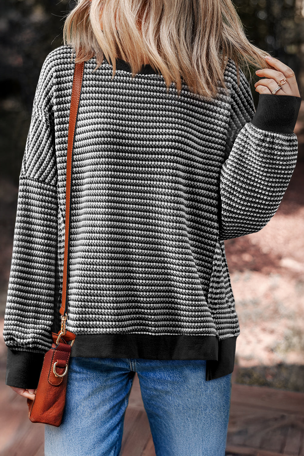 Black Stripe Ribbed Trim Drop Shoulder Long Sleeve Oversize Top-Tops/Long Sleeve Tops-[Adult]-[Female]-Black Stripe-S-2022 Online Blue Zone Planet