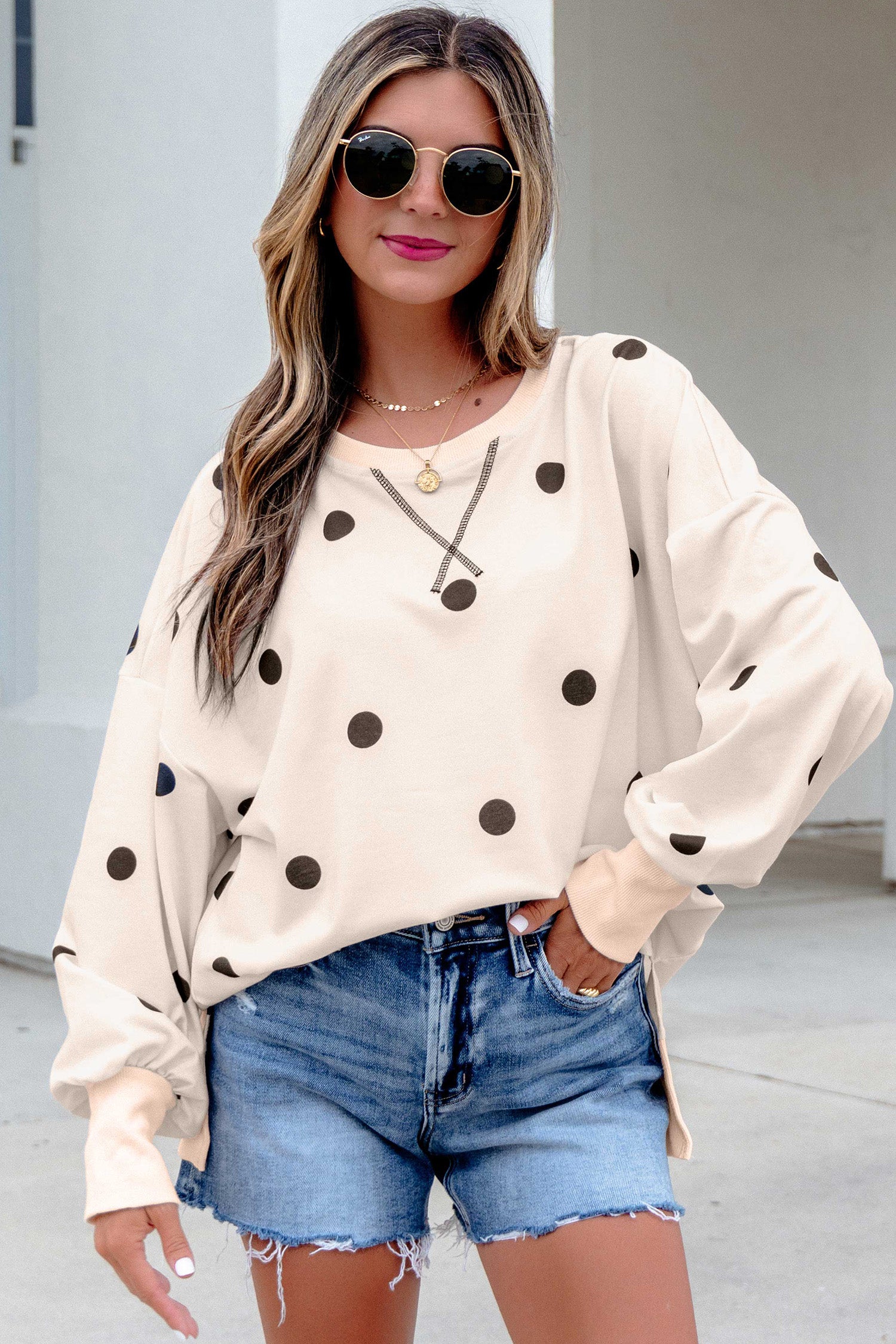 Beige Loose-Fit Long Sleeve Round Neck Polka Dot Tunic Sweatshirt-Tops/Long Sleeve Tops-[Adult]-[Female]-2022 Online Blue Zone Planet