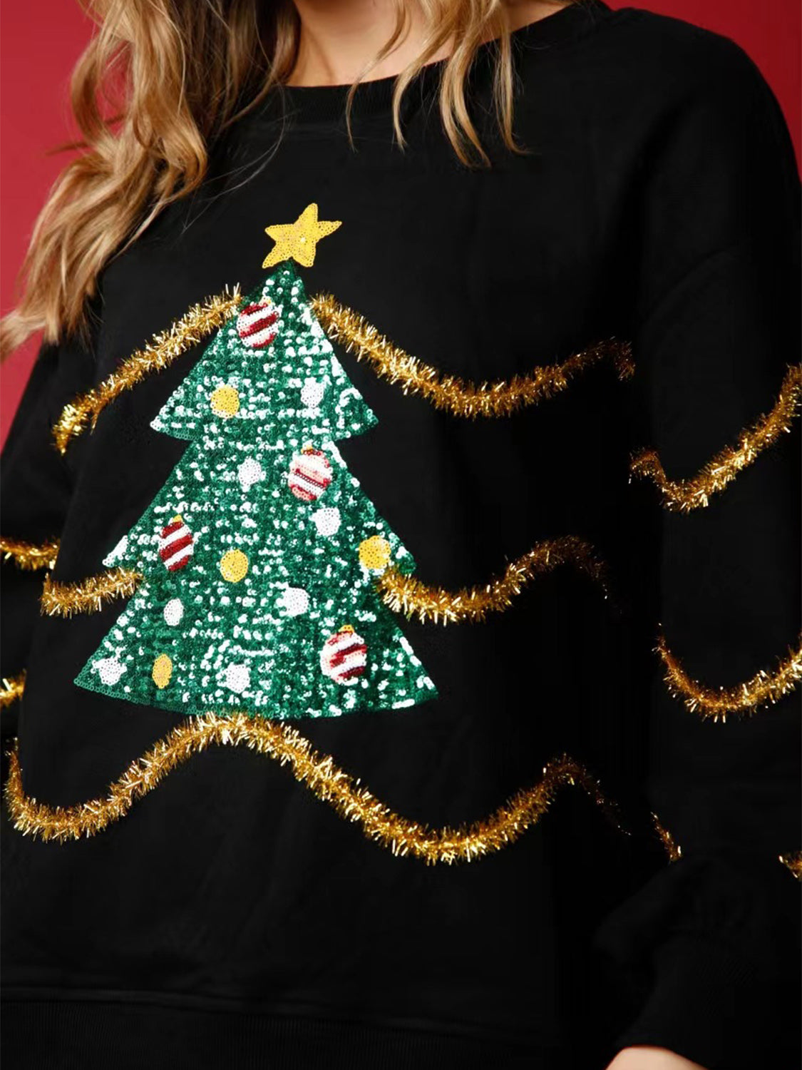 Sequin Christmas Tree Round Neck Sweatshirt-TOPS / DRESSES-[Adult]-[Female]-2022 Online Blue Zone Planet