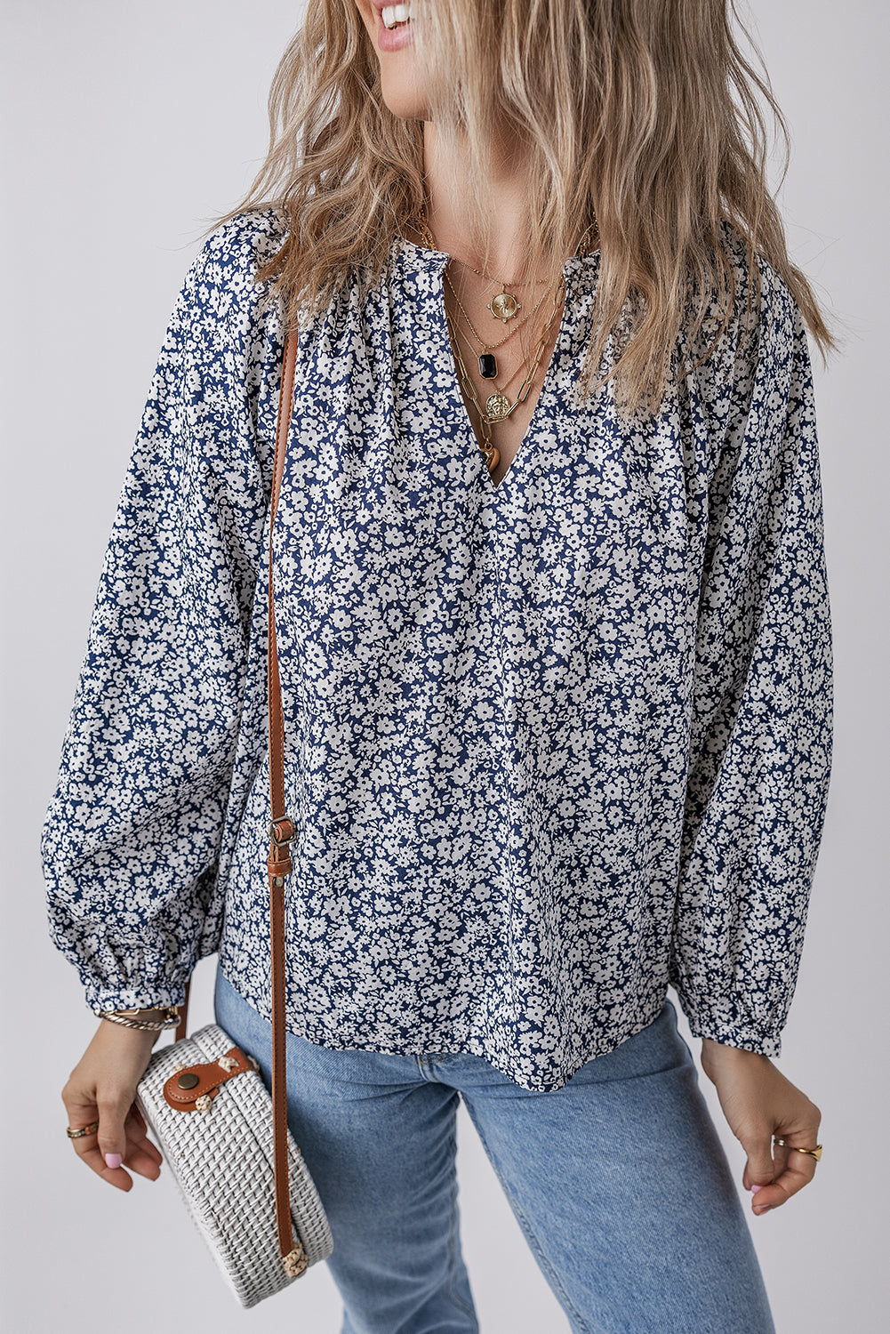 Blue Floral Print Notched V Neck Puff Sleeve Blouse-Tops/Blouses & Shirts-[Adult]-[Female]-Blue-S-2022 Online Blue Zone Planet