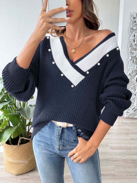 Contrast Trim Dropped Shoulder Long Sleeve Sweater-TOPS / DRESSES-[Adult]-[Female]-Dark Blue-One Size-2022 Online Blue Zone Planet