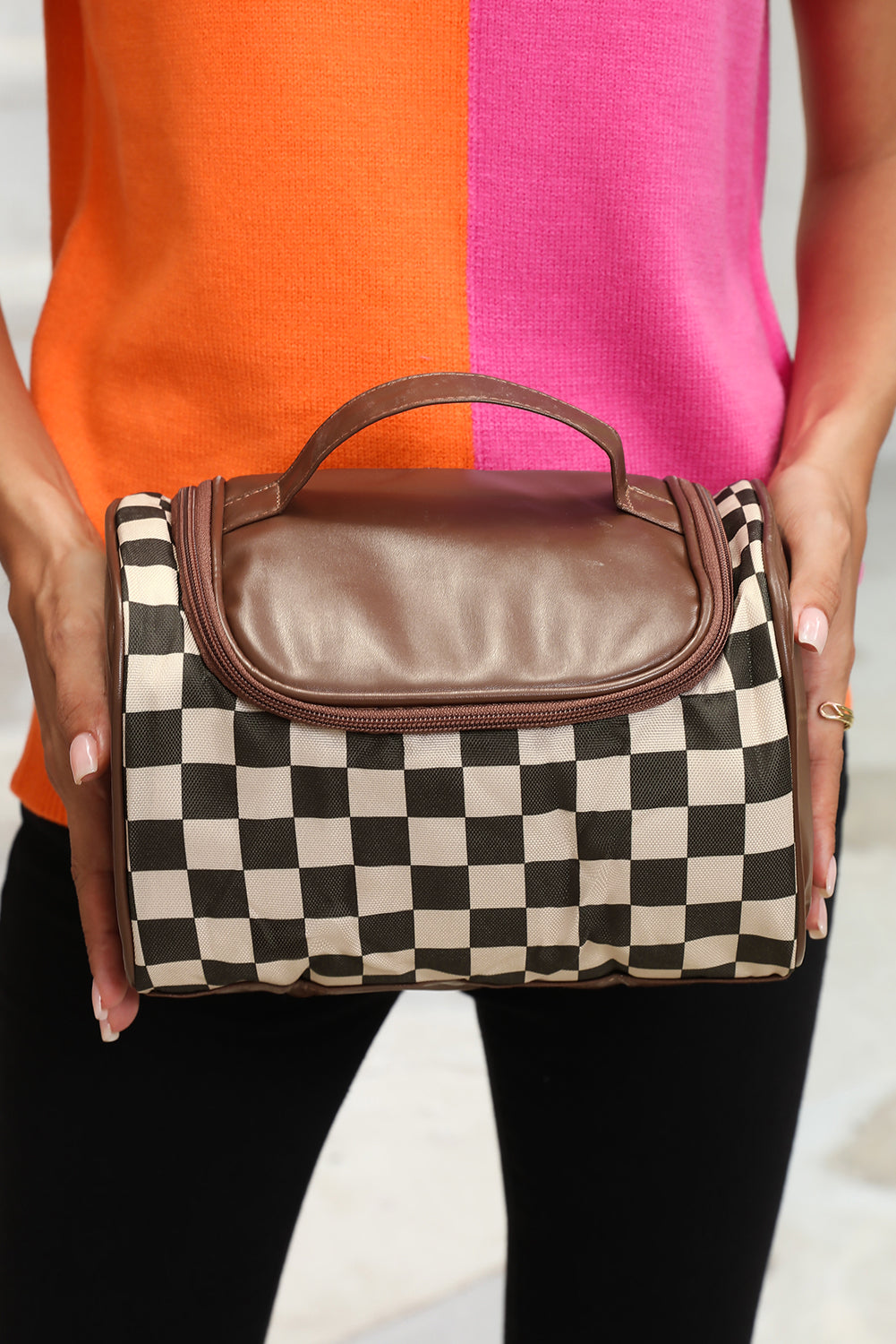 Black Checkered PU Leather Zipper Makeup Bag-Shoes & Bags/Makeup Bags-[Adult]-[Female]-2022 Online Blue Zone Planet