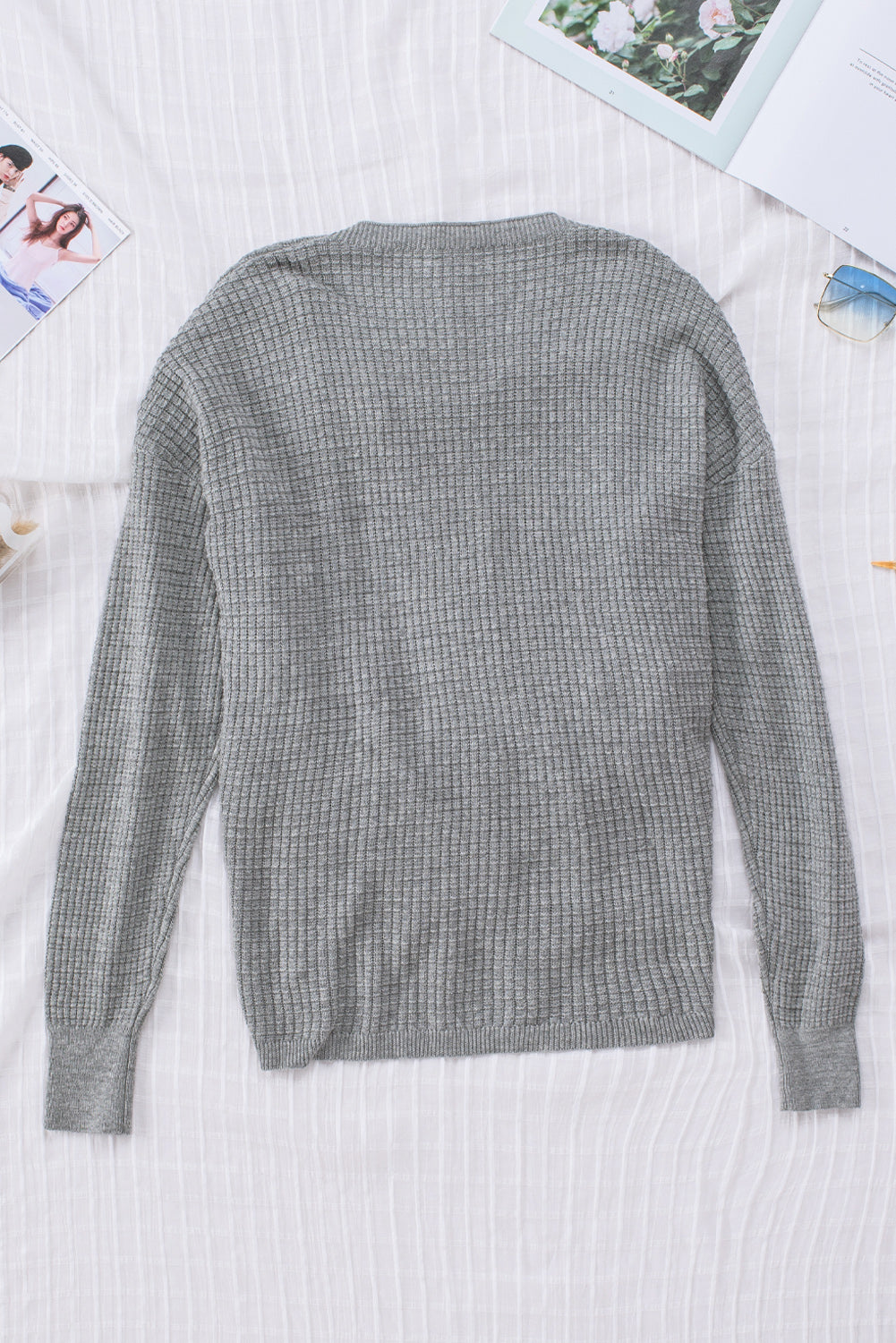 Blue Zone Planet | Khaki Wrap V Neck Waffle Sweater-Sweaters-[Adult]-[Female]-2022 Online Blue Zone Planet