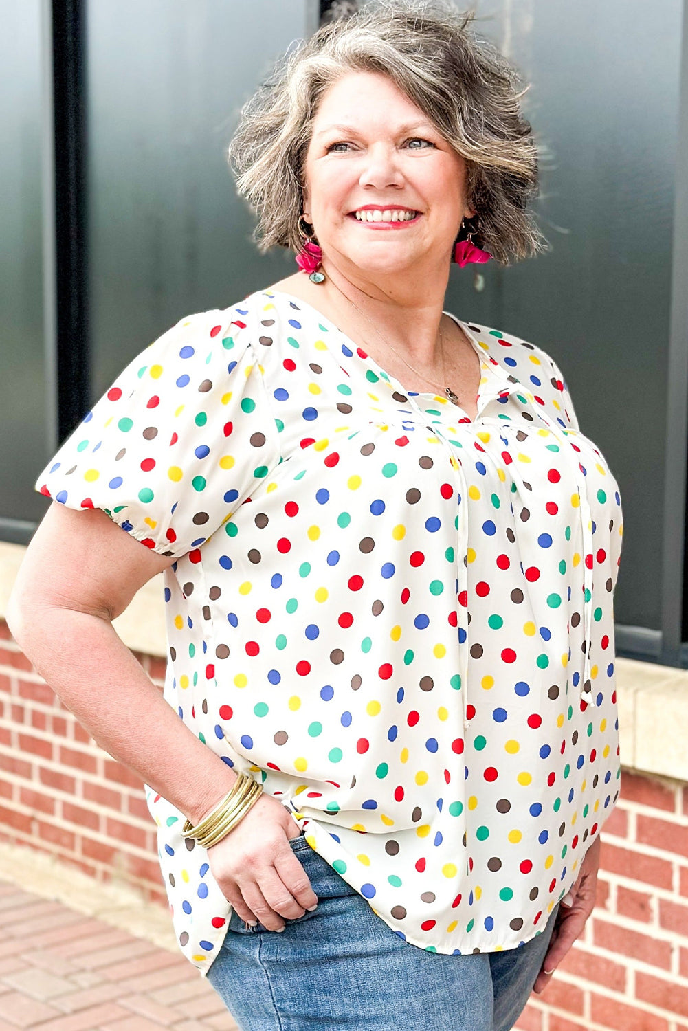 Apricot Plus Size Colorful Polka Dots Tie Neck Puff Sleeve Blouse-Plus Size/Plus Size Tops/Plus Size Blouses & Shirts-[Adult]-[Female]-2022 Online Blue Zone Planet