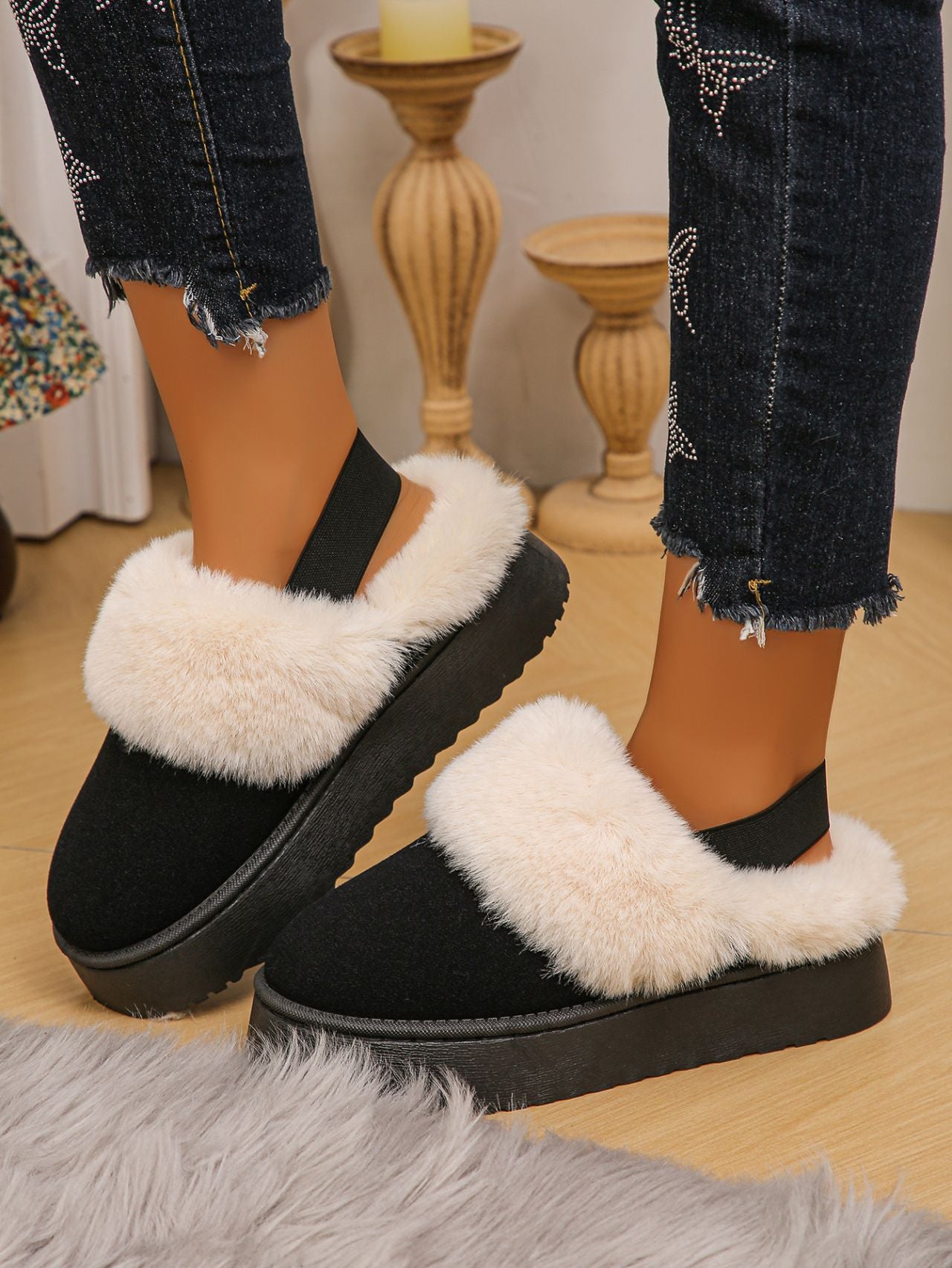 Blue Zone Planet | Faux Fur Round Toe Platform Slippers-SHOES-[Adult]-[Female]-2022 Online Blue Zone Planet