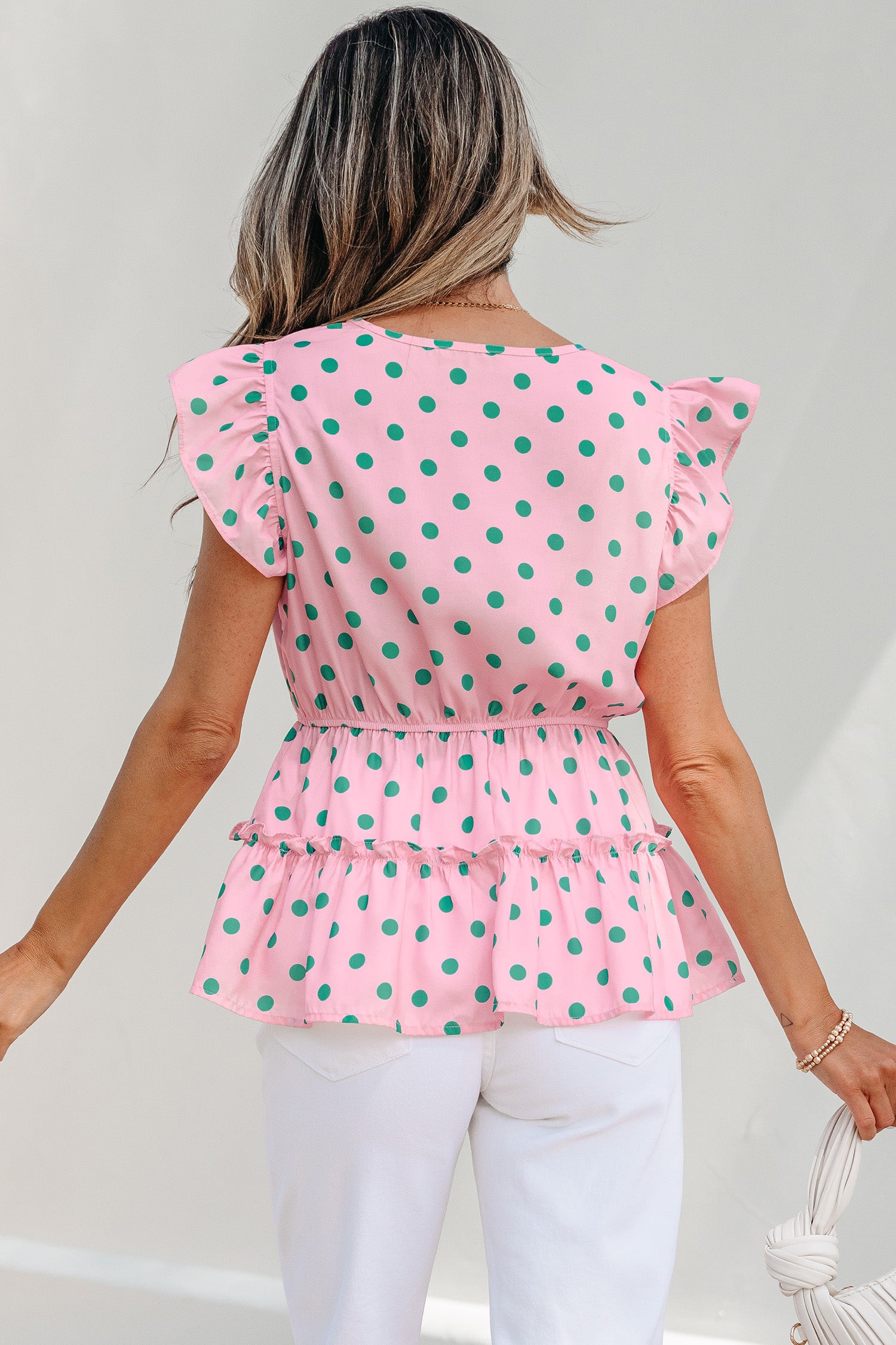 Pink V Neck Polka Dot Print Drawstring Tiered Babydoll Blouse-Tops/Blouses & Shirts-[Adult]-[Female]-2022 Online Blue Zone Planet