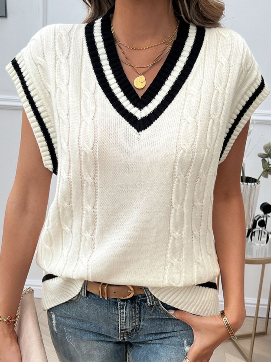 Cable-Knit V-Neck Sweater Vest-TOPS / DRESSES-[Adult]-[Female]-White-S-2022 Online Blue Zone Planet