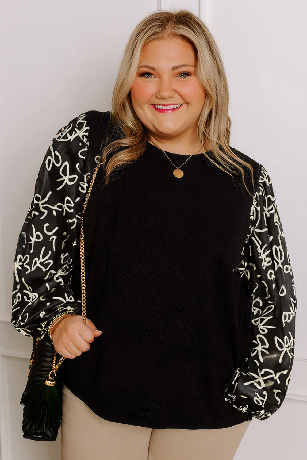 Black Bow Knot Patchwork Crewneck Plus Size Blouse-Plus Size/Plus Size Tops/Plus Size Blouses & Shirts-[Adult]-[Female]-2022 Online Blue Zone Planet