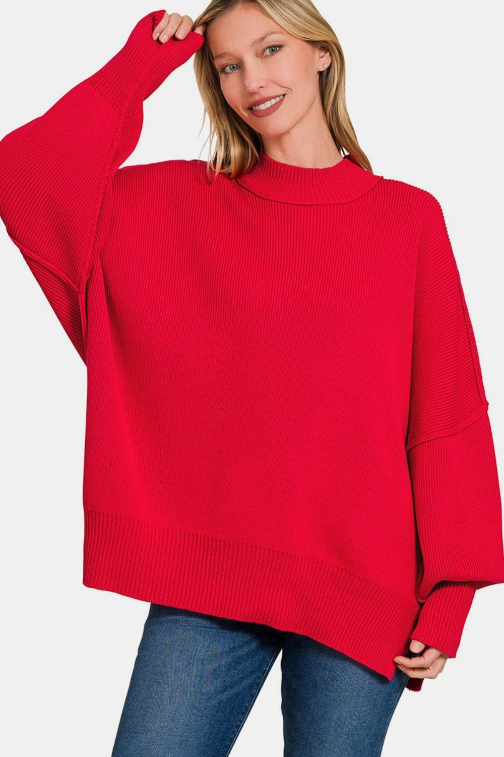 Blue Zone Planet | Zenana Side Sit Oversize Sweater-TOPS / DRESSES-[Adult]-[Female]-Ruby-S/M-2022 Online Blue Zone Planet