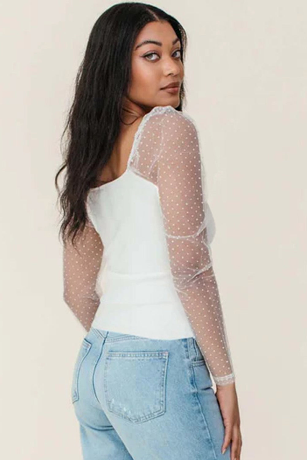 White Swiss Dot Mesh Long Sleeve Square Neck Slim Top-Tops/Long Sleeve Tops-[Adult]-[Female]-2022 Online Blue Zone Planet