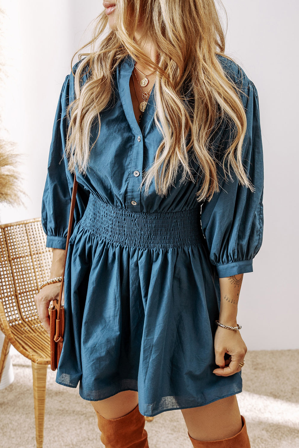 Prussian Blue 3/4 Sleeve Shirred High Waist Buttoned Mini Dress-Dresses/Mini Dresses-[Adult]-[Female]-2022 Online Blue Zone Planet