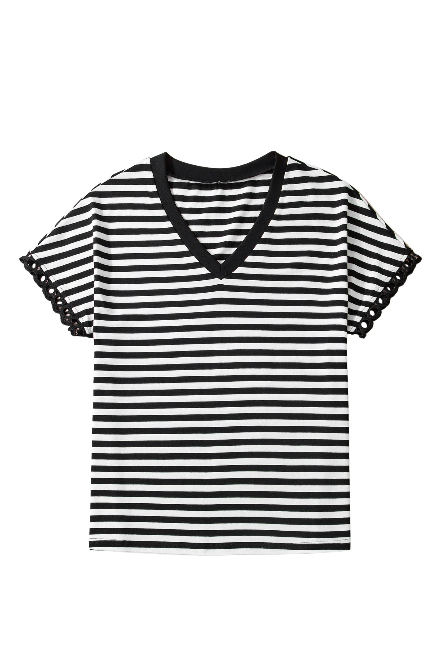 Black Striped Print V Neck Delicate Trim Casual Tee-Tops/Tops & Tees-[Adult]-[Female]-2022 Online Blue Zone Planet