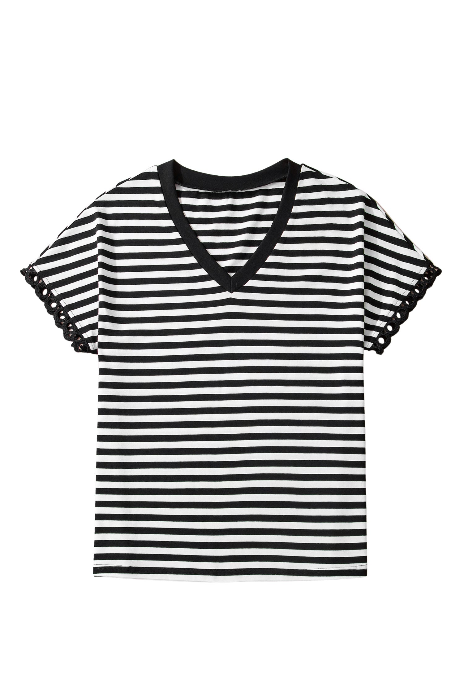 Black Striped Print V Neck Delicate Trim Casual Tee-Tops/Tops & Tees-[Adult]-[Female]-2022 Online Blue Zone Planet
