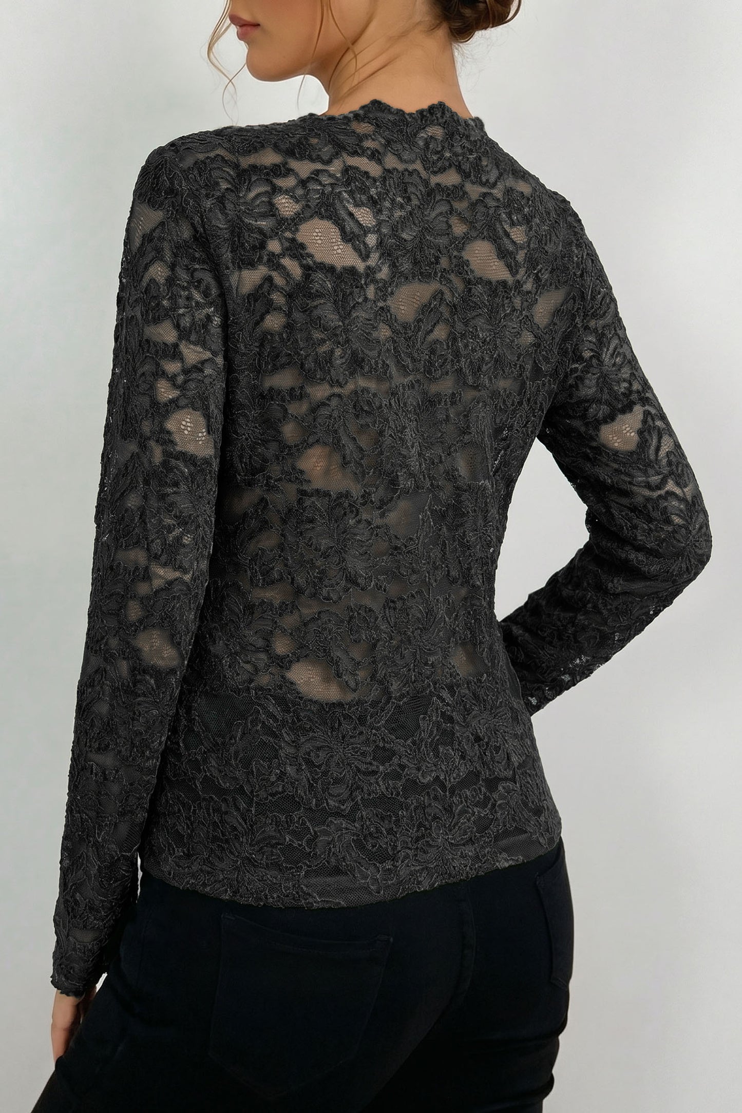 Black Elegant Stand Neck Lace Long Sleeve Top-Tops/Long Sleeve Tops-[Adult]-[Female]-2022 Online Blue Zone Planet